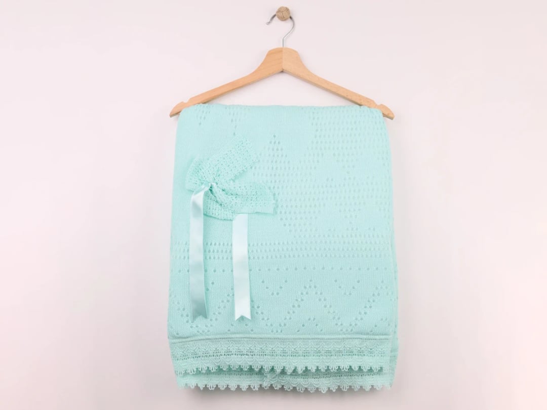 Bow Embroidered Baby Blanket and Bonnet Set in Mint - Mizmiz - by Peralane
