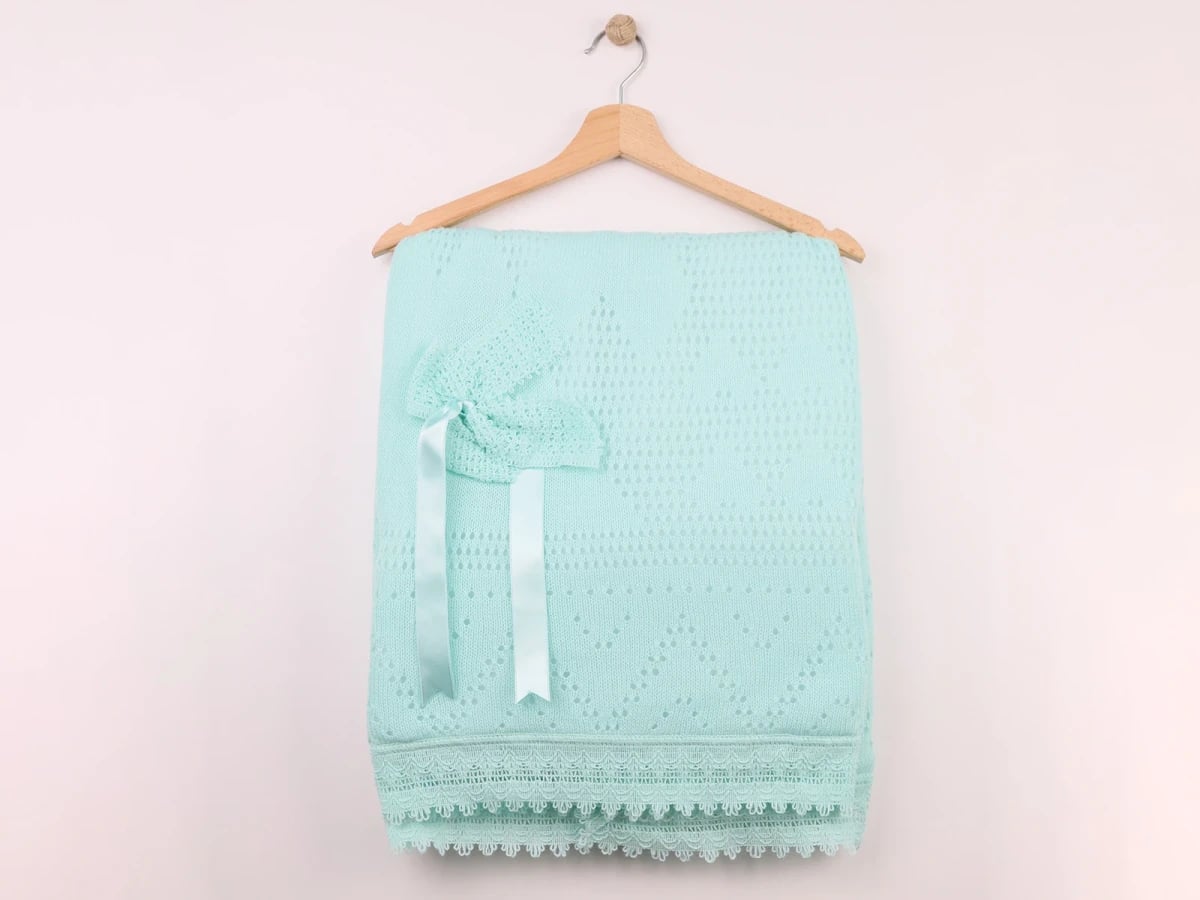 Bow Embroidered Baby Blanket and Bonnet Set in Mint - Mizmiz - by Peralane