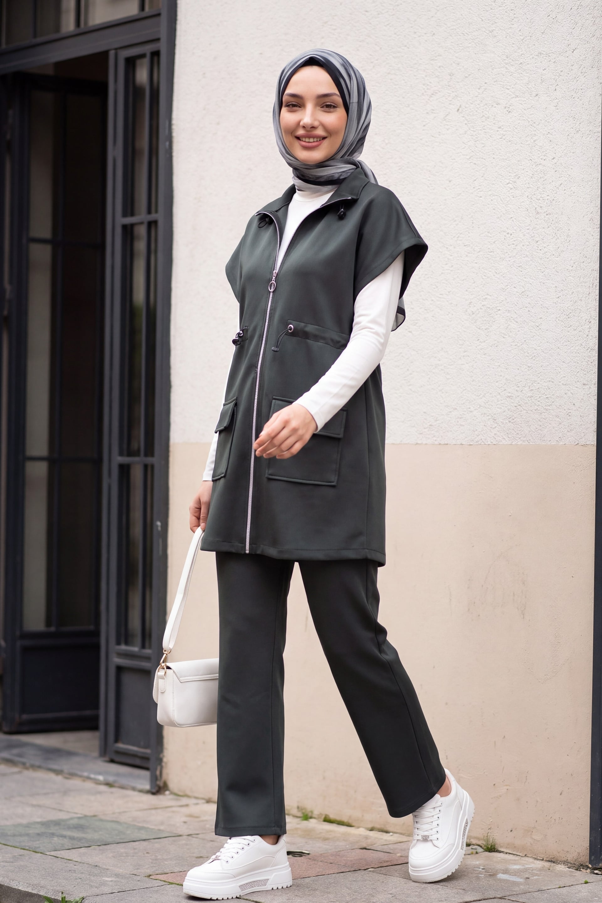 Double Pocket Zip-Up Scuba Vest and Trousers Set - Smoke - Podyumplus - by Peralane - photo 4