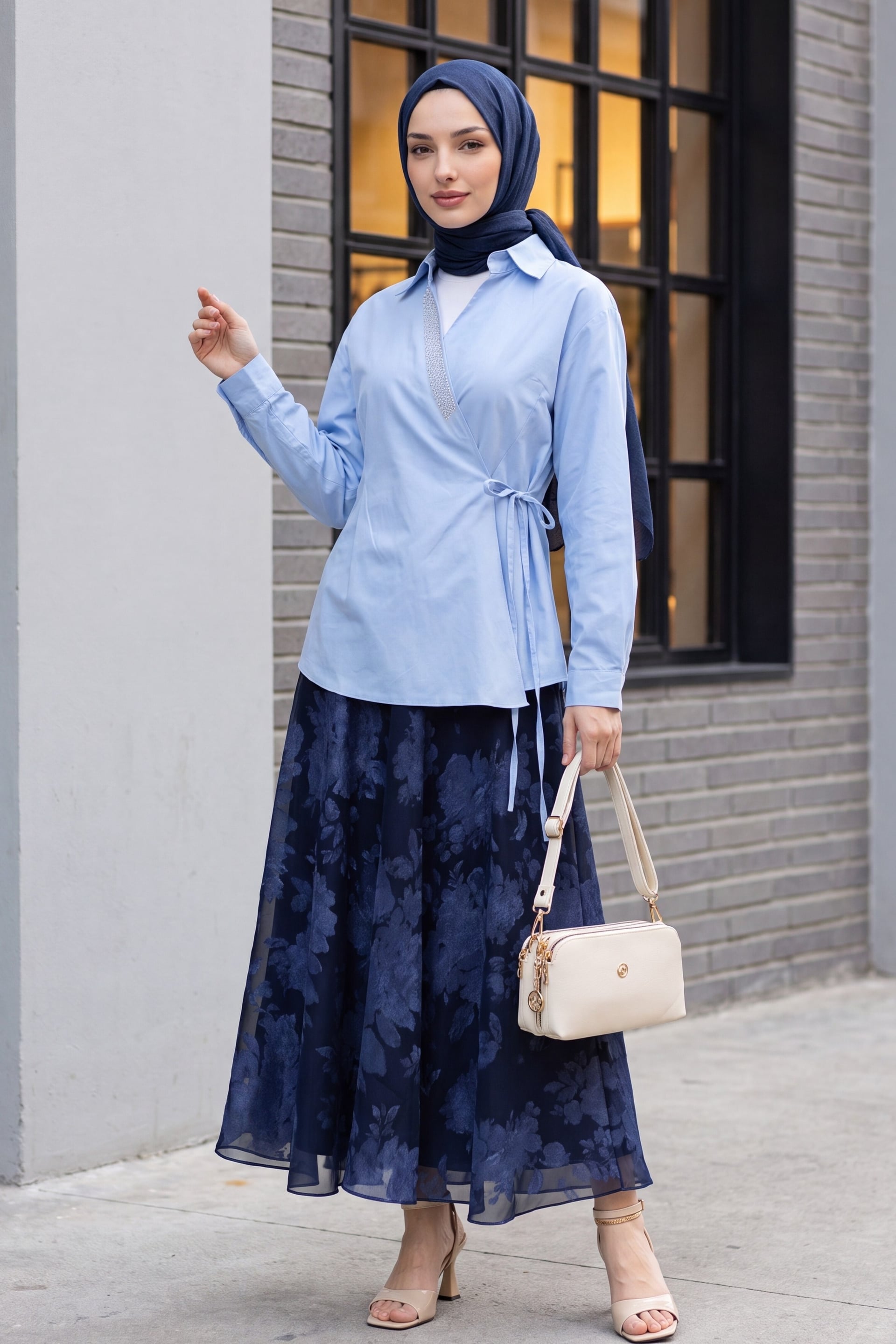 Side-Tie Rhinestone Wrap Poplin Blouse - Blue - Podyumplus - by Peralane - photo 2