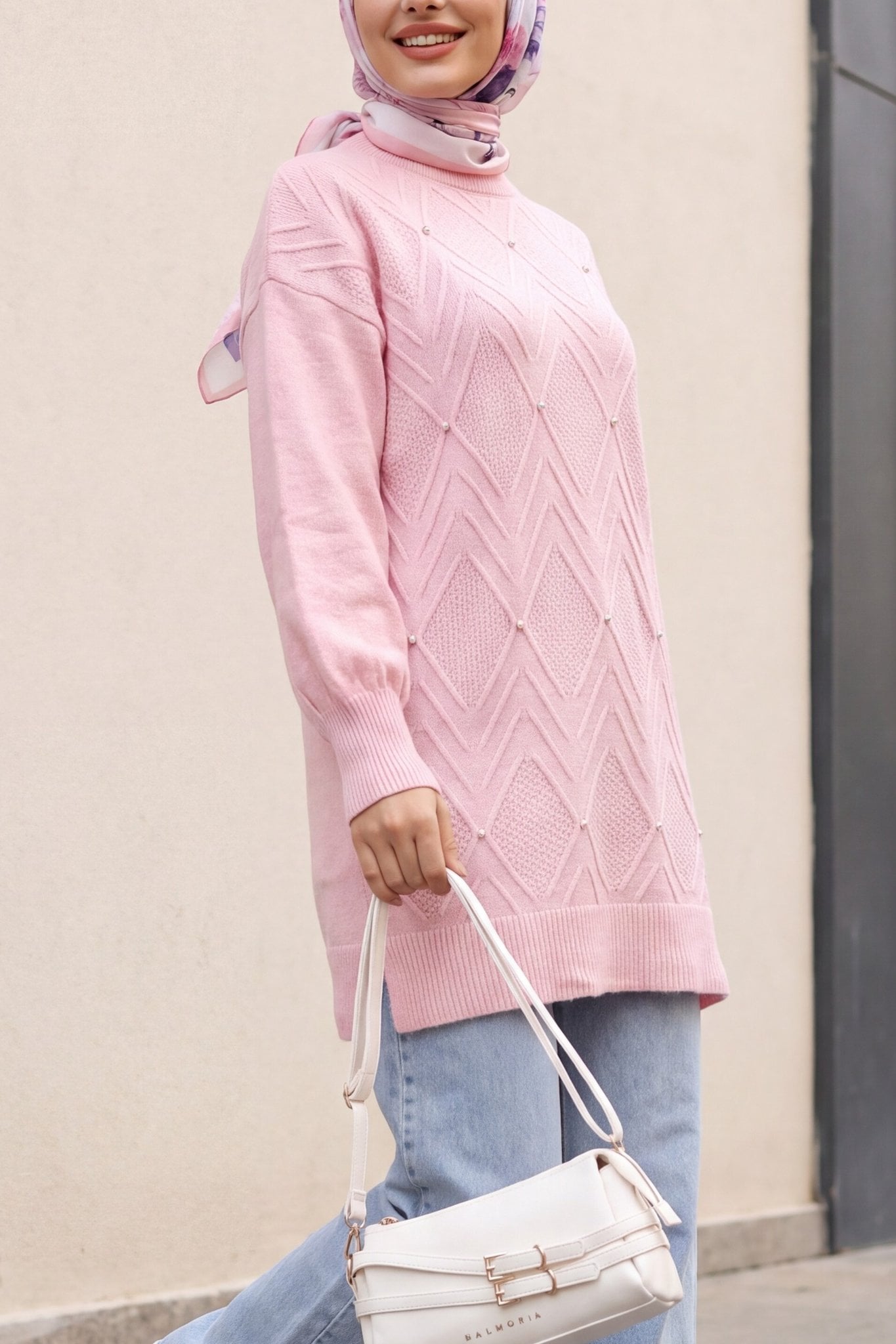 Pink Balloon Sleeve Knit Tunic with Stone Details - Podyumplus - by Peralane
