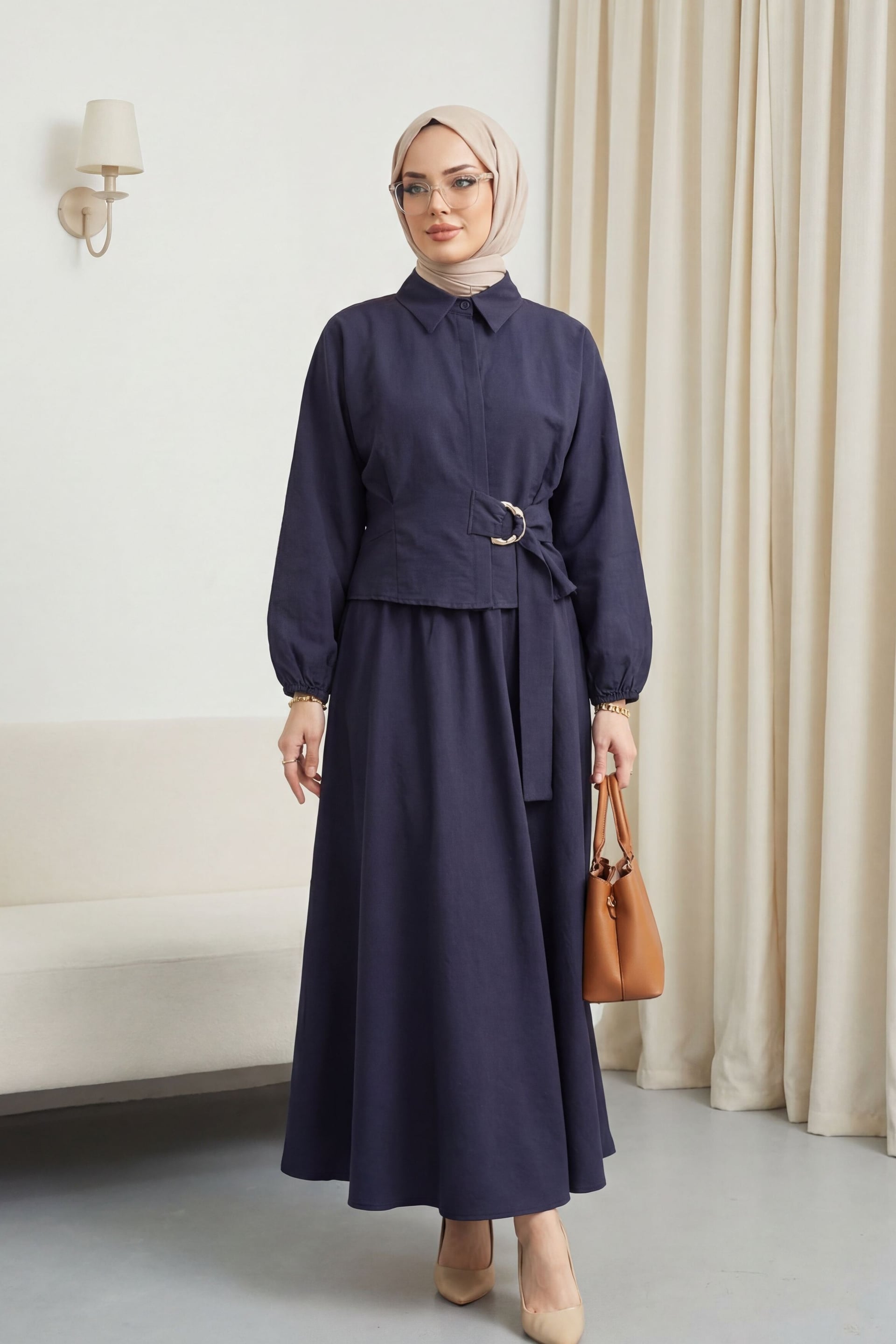Navy Blue Modest Two-Piece Set with Long-Sleeve Blouse and Maxi Skirt - Podyumplus - by Peralane - photo 6