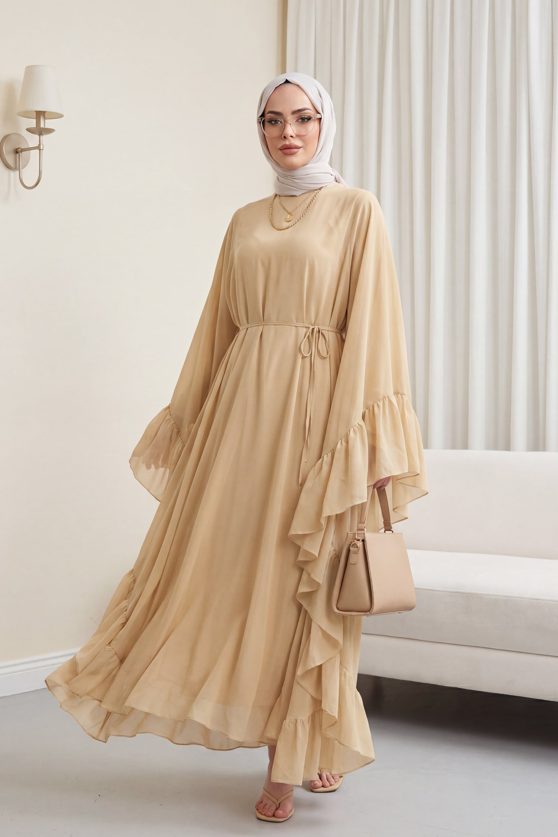 Beige Chiffon Asymmetric Cut Side Frill Abaya Dress with Lining and Belt - Podyumplus - by Peralane