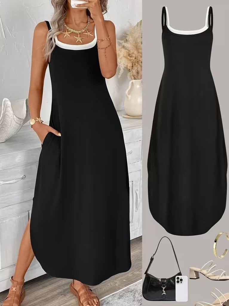 Women's Sleeveless Maxi Dress with Spaghetti Straps and Side Pockets - Janes - by Peralane