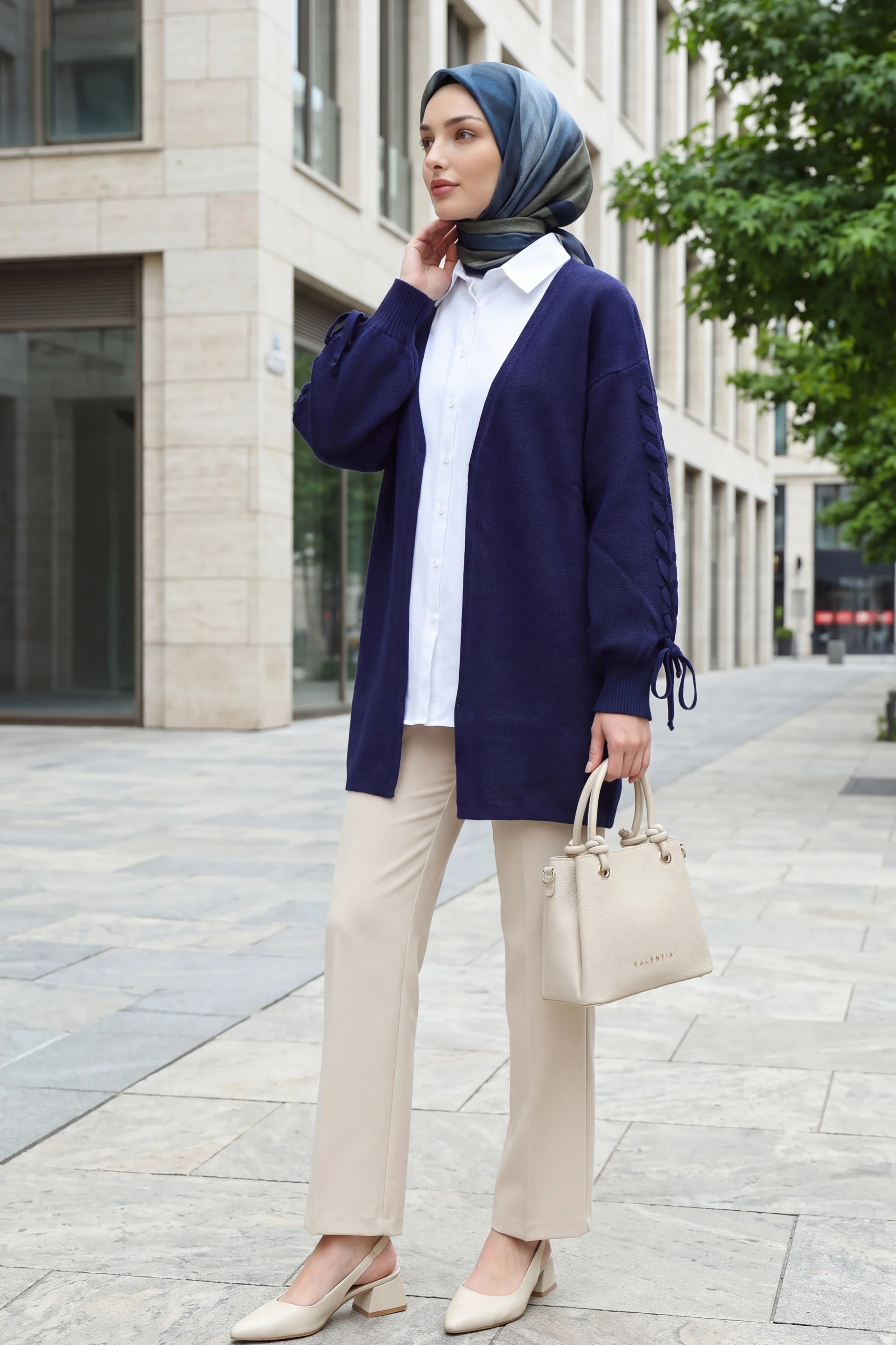 Slouchy Knit Cardigan with Braided Sleeves - Navy - Podyumplus - by Peralane - photo 3