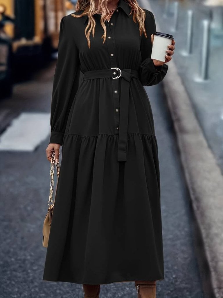 Women's Long Sleeve Collared Button Front Woven Maxi Dress with Metal Belt - Janes - by Peralane