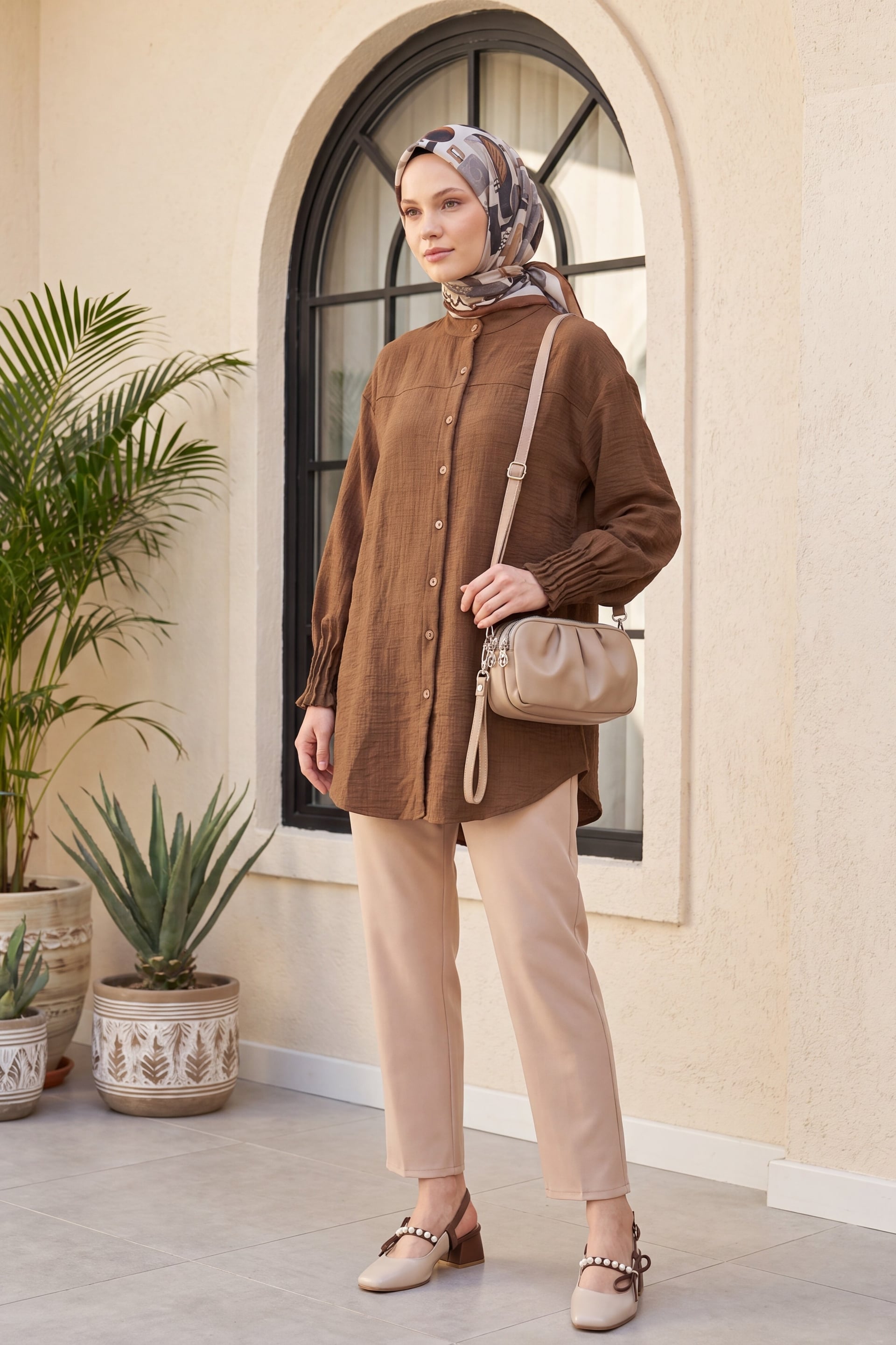 Oval Cut Tunic with Draped Cuff Detail - Tan - Podyumplus - by Peralane - photo 4