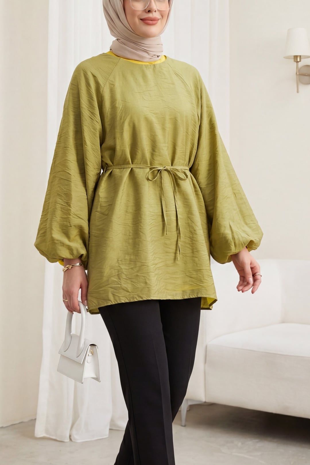 Balloon Sleeve Lined Zipped Drawstring Cupra Tunic - Olive Green - Podyumplus - by Peralane