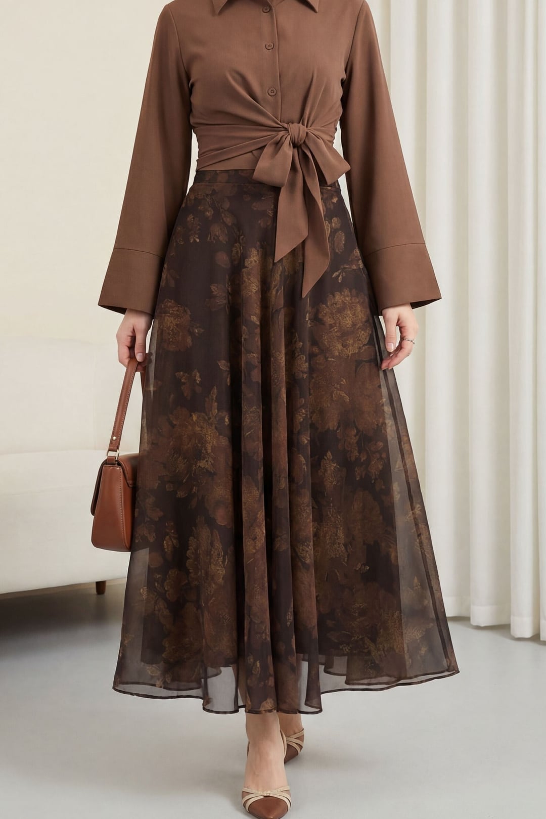 Patterned Lined Chiffon Skirt with Side Zipper - Khaki - Podyumplus - by Peralane - photo 5
