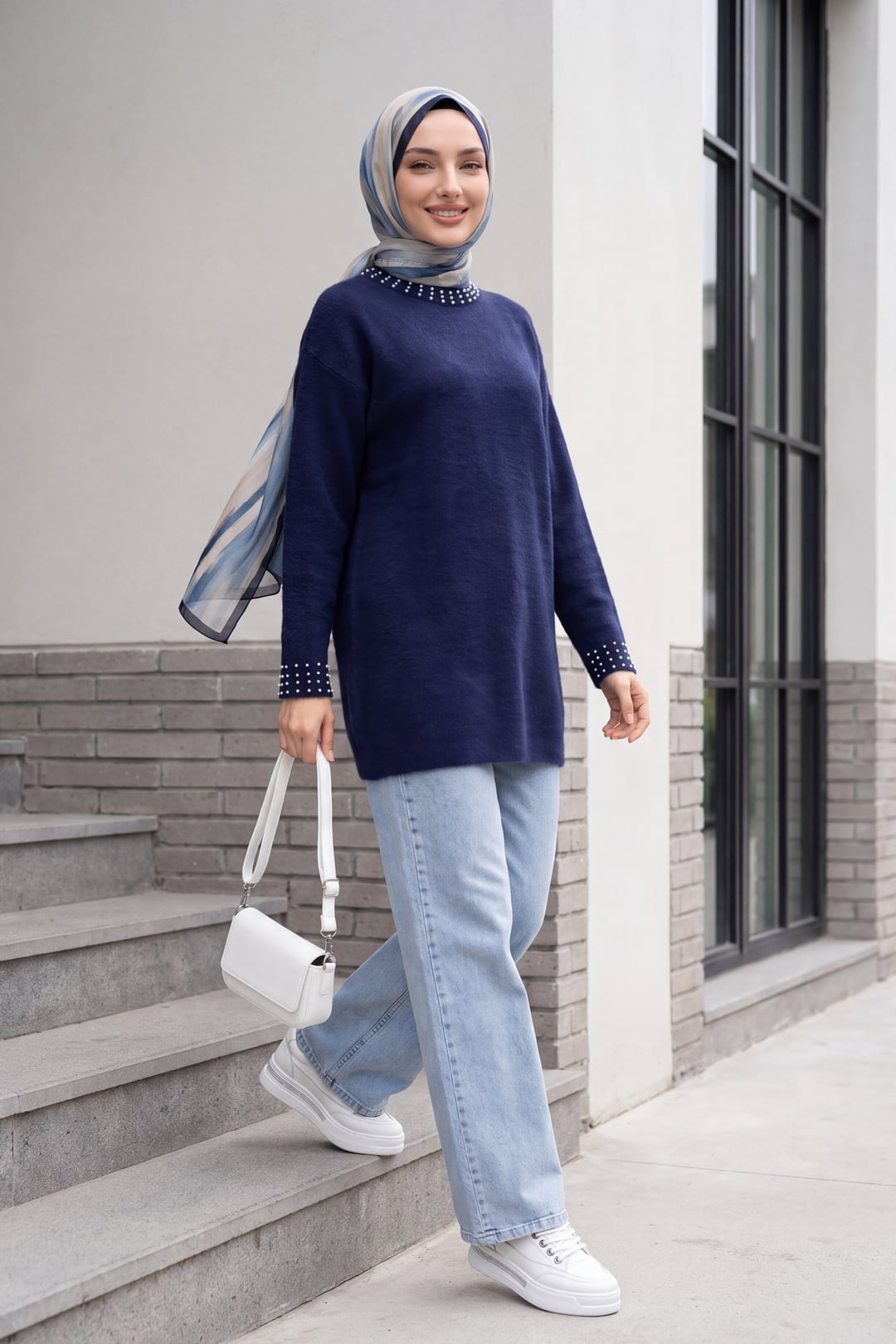 Navy Blue Knit Tunic with Pearl Trim - Podyumplus - by Peralane - photo 3