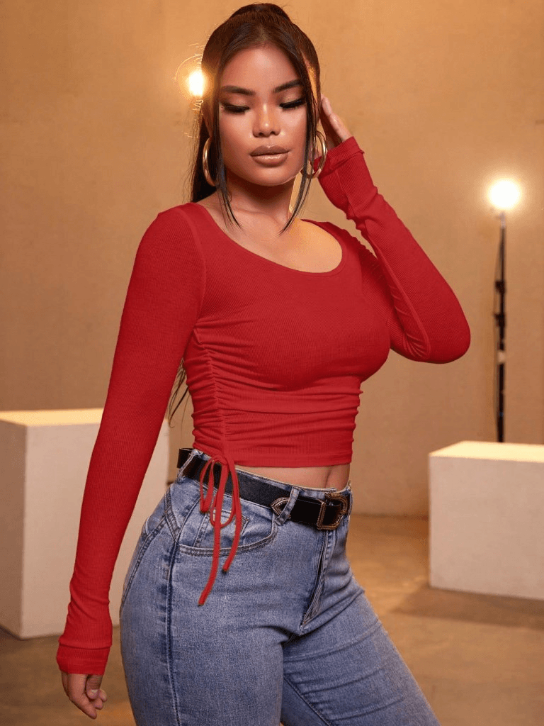 Women's Red Ribbed Crop Top with Drawstring Side - Janes - by Peralane