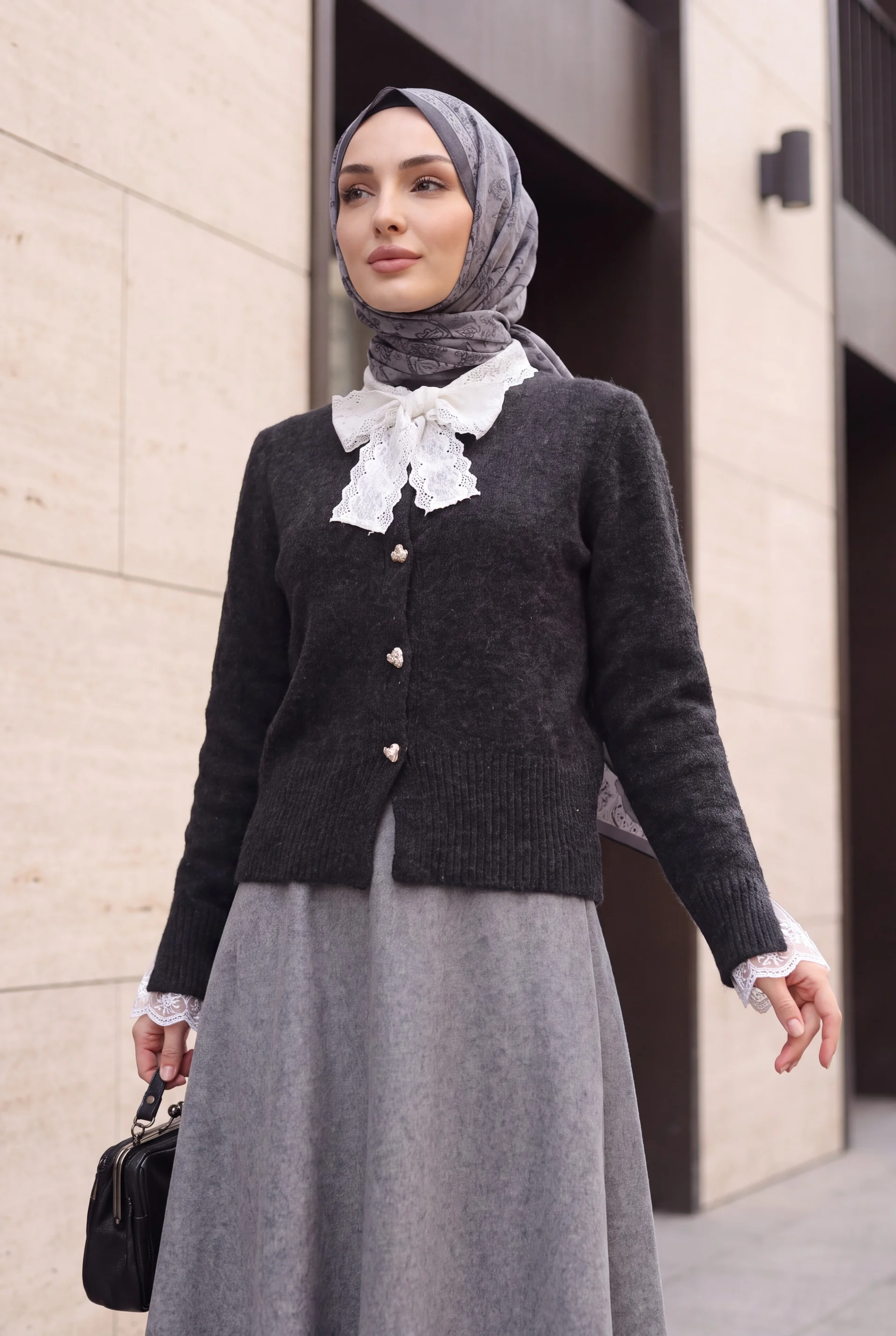 Fular Tie Detail Tulle Accent Cardigan - Anthracite - Podyumplus - by Peralane