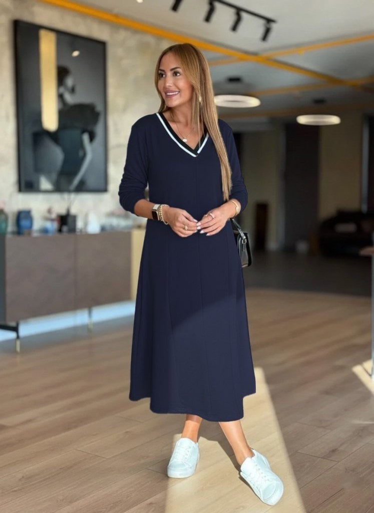 Women's Long Sleeve V-Neck Midi Navy Blue Knit Dress - Janes - by Peralane - photo 3