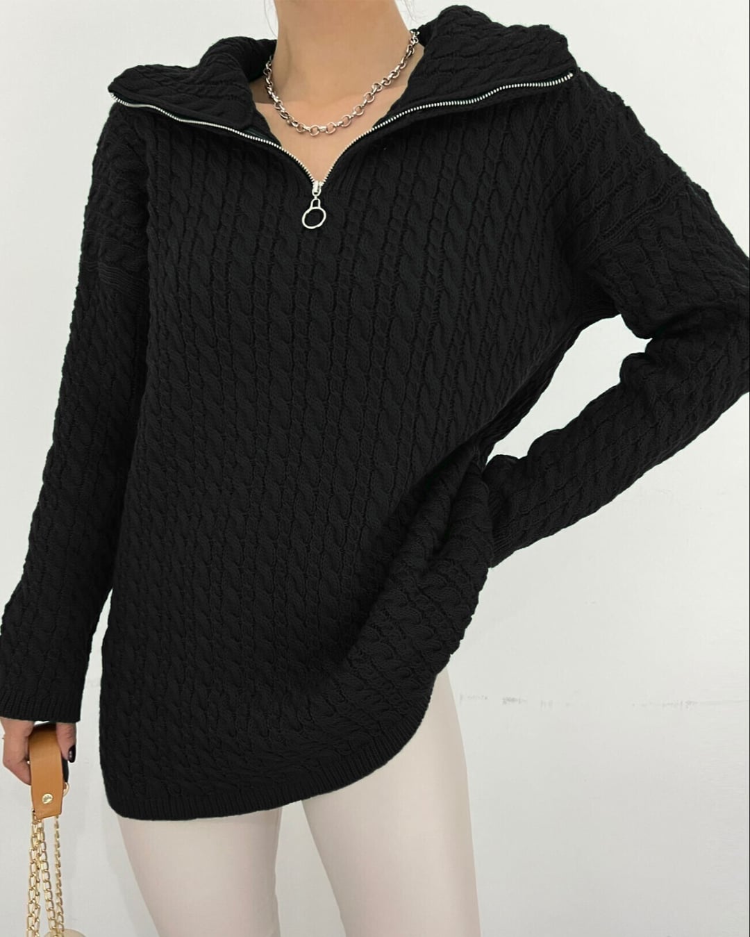 Black Half-Zip Cable Knit Sweater with Stand-Up Collar - Podyumplus - by Peralane - photo 2