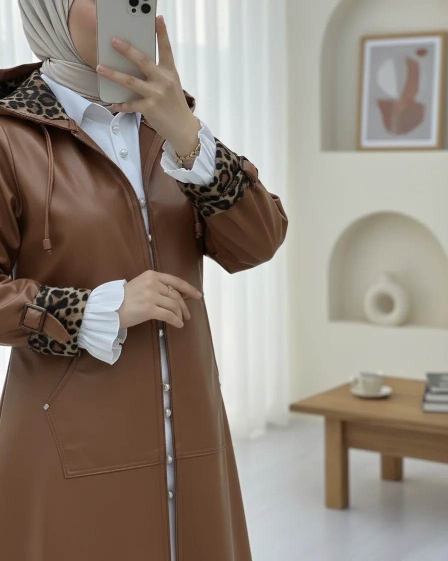 Faux Leather Hooded Long Coat and Trousers Set in Brown - Podyumplus - by Peralane - photo 3