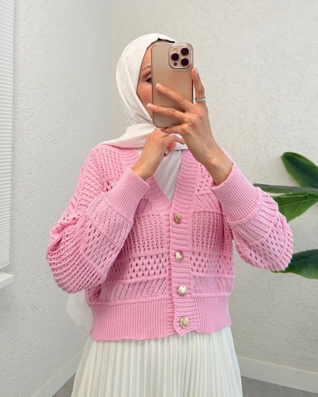 Pink Openwork Buttoned Knit Cardigan - Podyumplus - by Peralane - photo 7