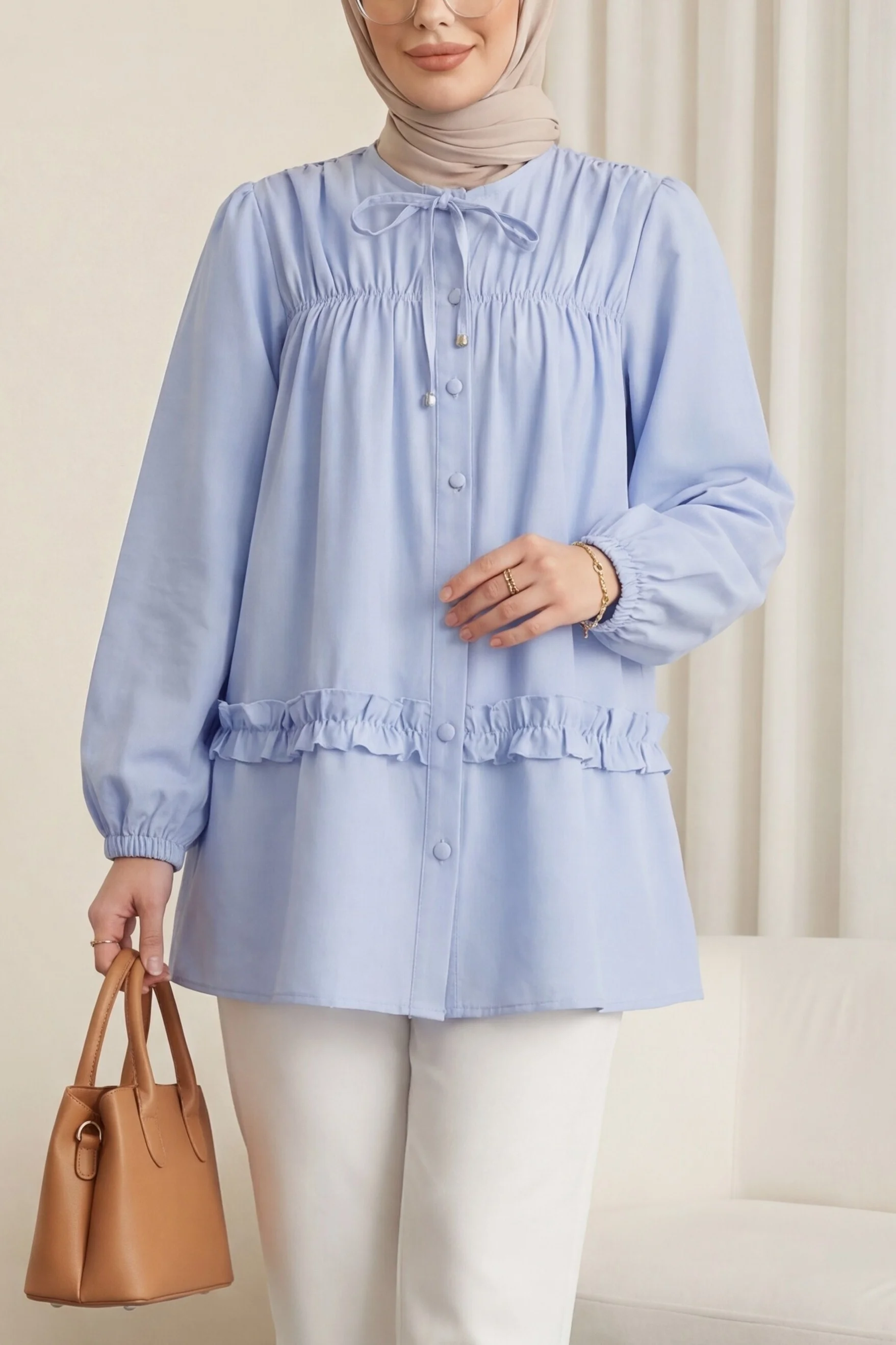 Ruffled Poplin Tunic with Button Front and Elasticated Waist - Blue - Podyumplus - by Peralane