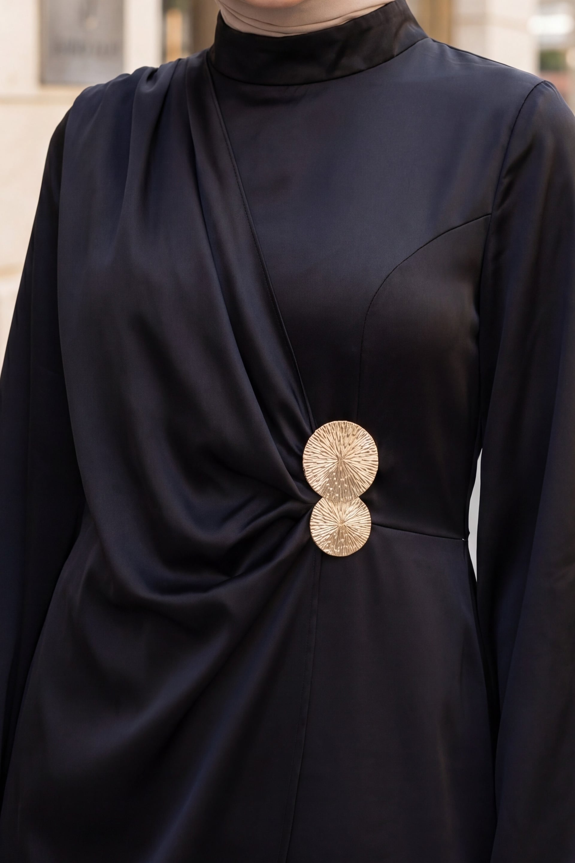 Black Double-Layer Front Asymmetric Sleeve Satin Evening Dress with Buckle Detail - Podyumplus - by Peralane - photo 6