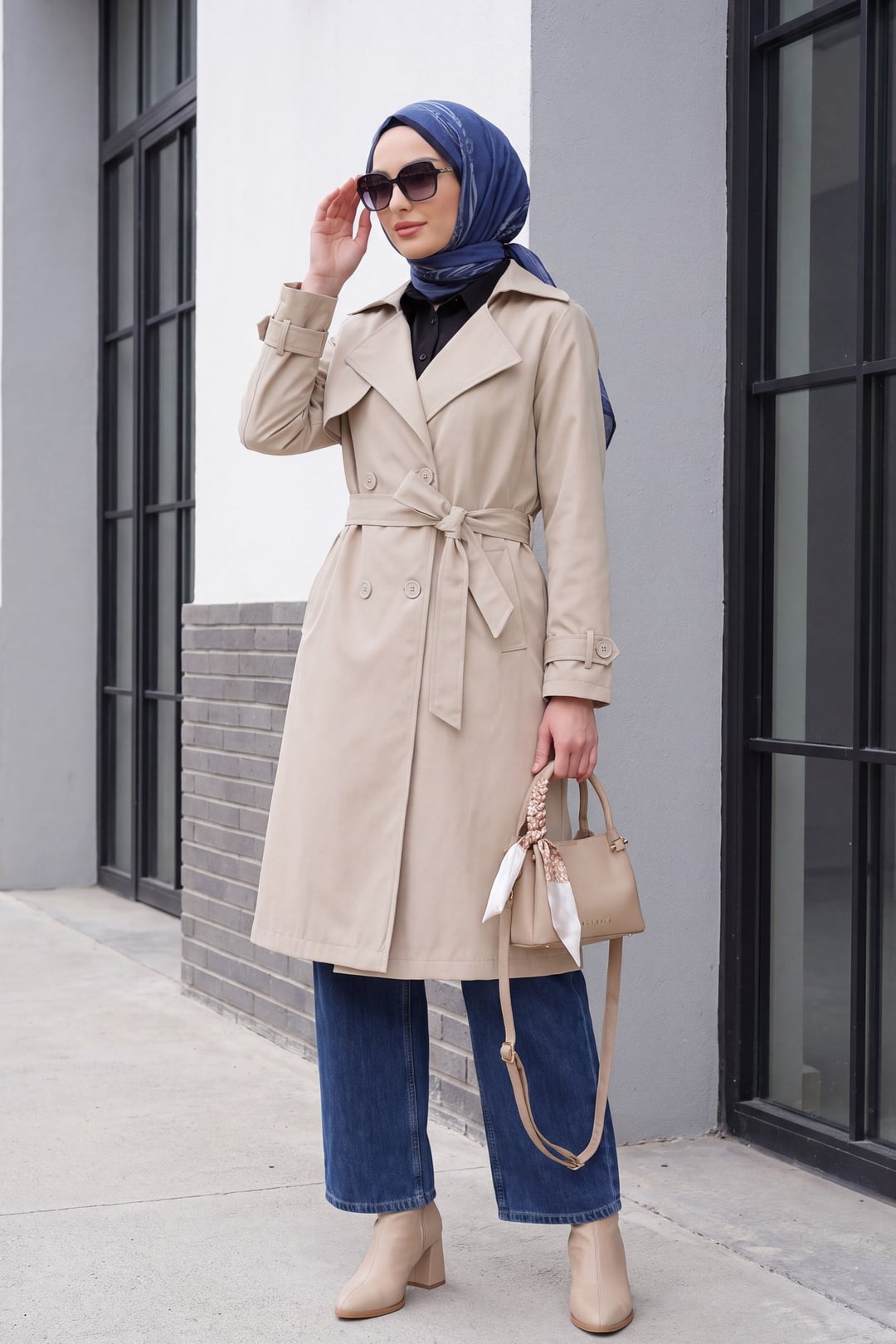 Beige Double-Breasted Trench Coat with Belt - Bigdart - by Peralane - photo 3