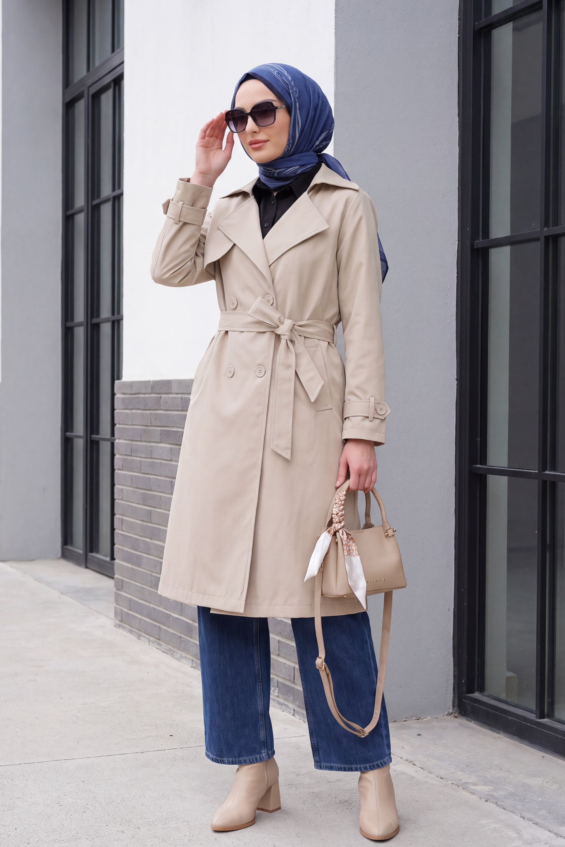 Beige Double-Breasted Trench Coat with Belt - Bigdart - by Peralane - photo 3