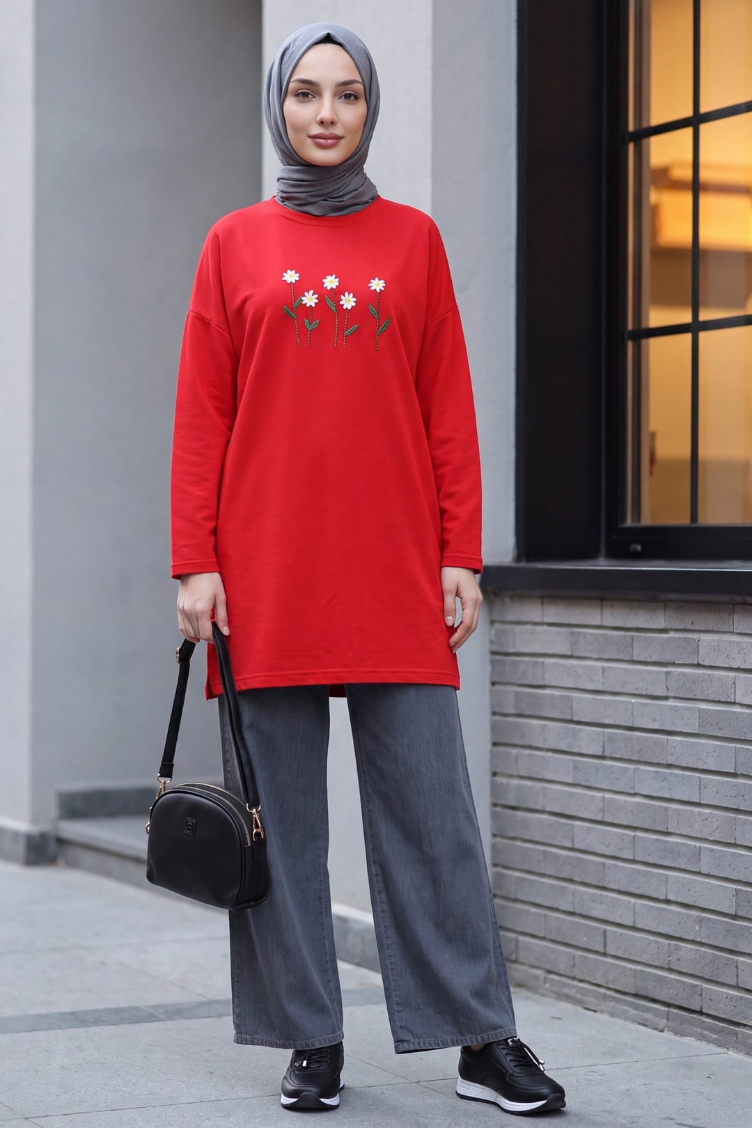 Red Daisy Embroidered Round Neck Knit Tunic - Podyumplus - by Peralane - photo 4