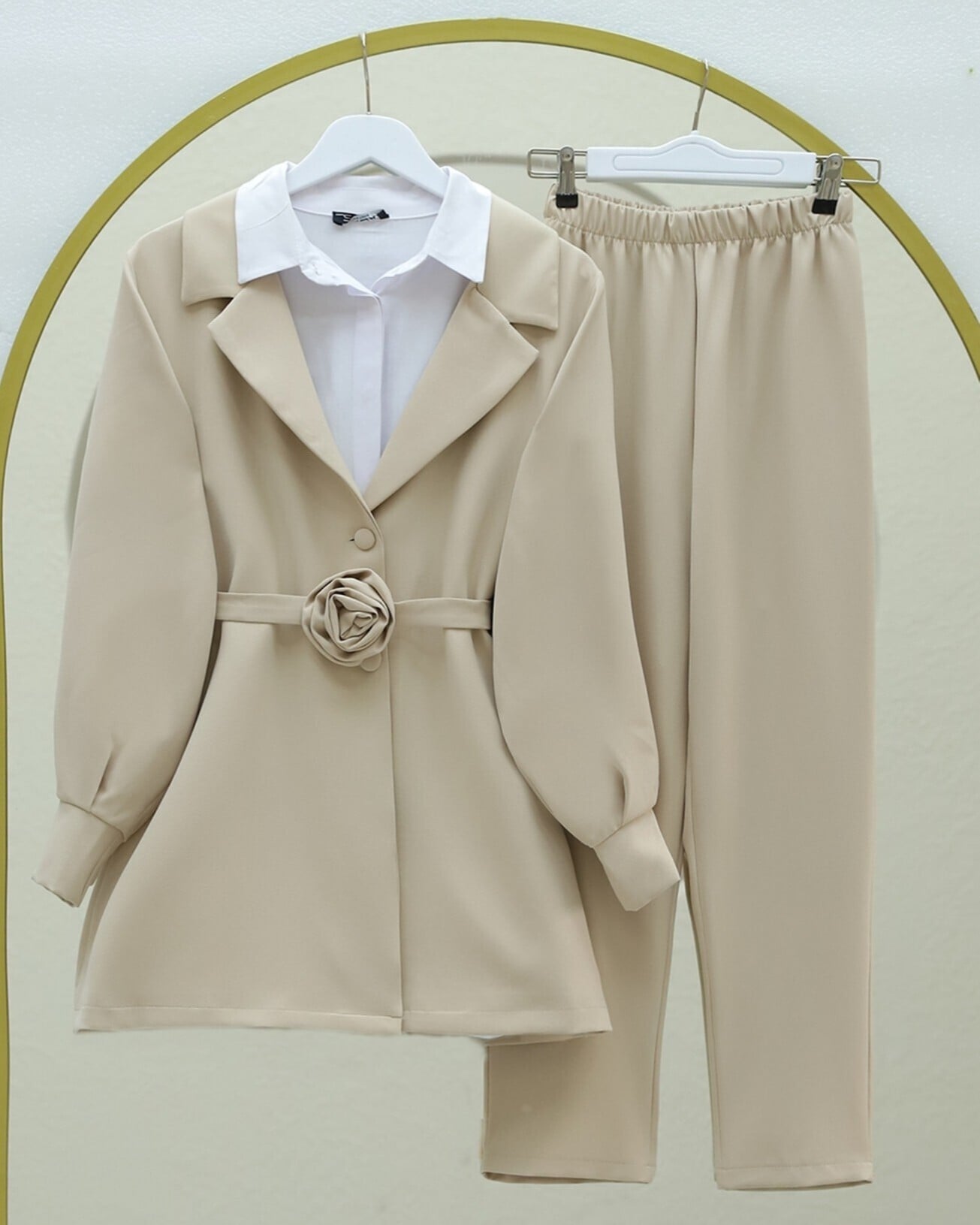 Beige Wrap Collar Blazer and Trousers Set with Rose Belt Detail - Podyumplus - by Peralane - photo 6