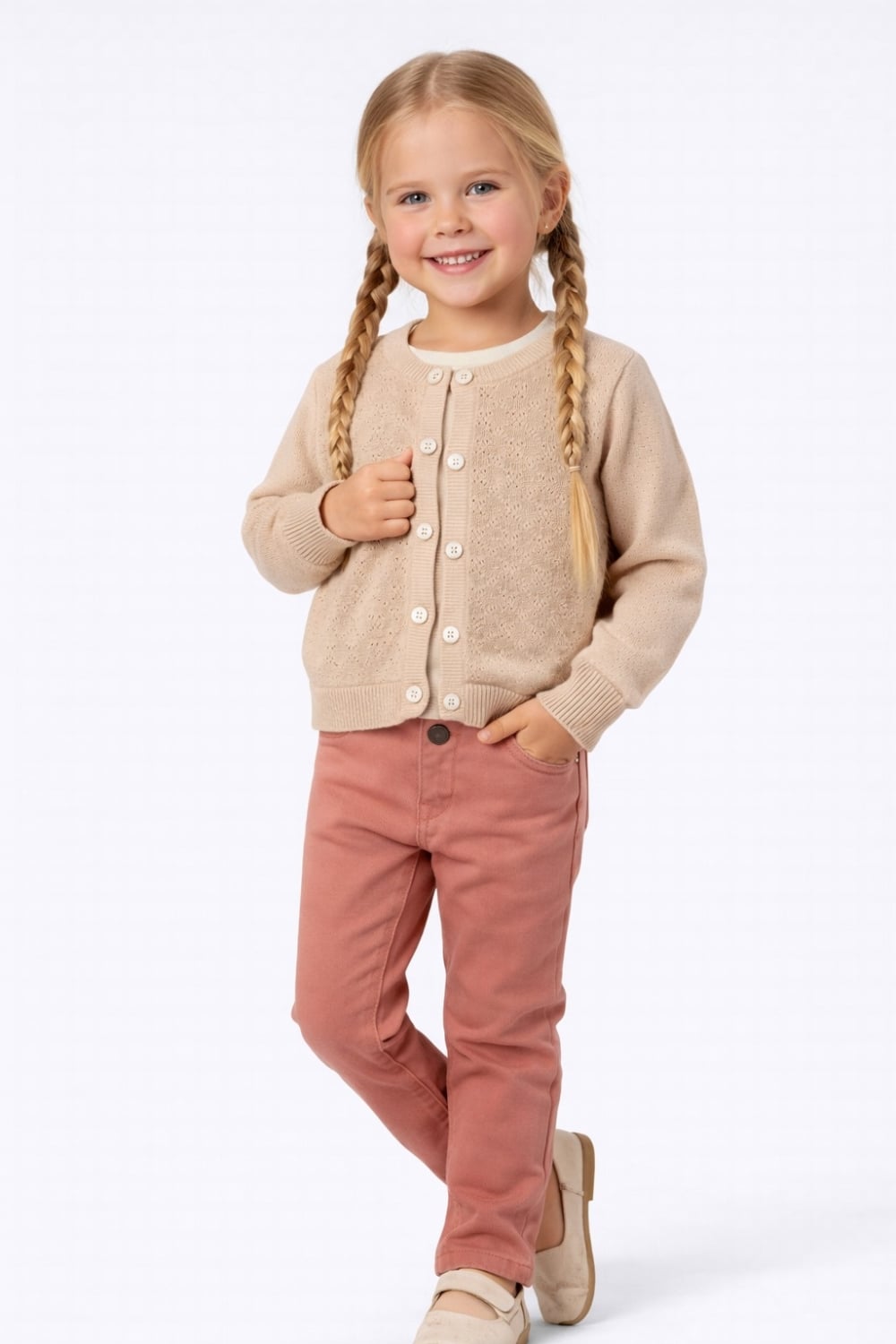 Girls' Beige Cardigan and Trousers Set - Has Bereket - by Peralane