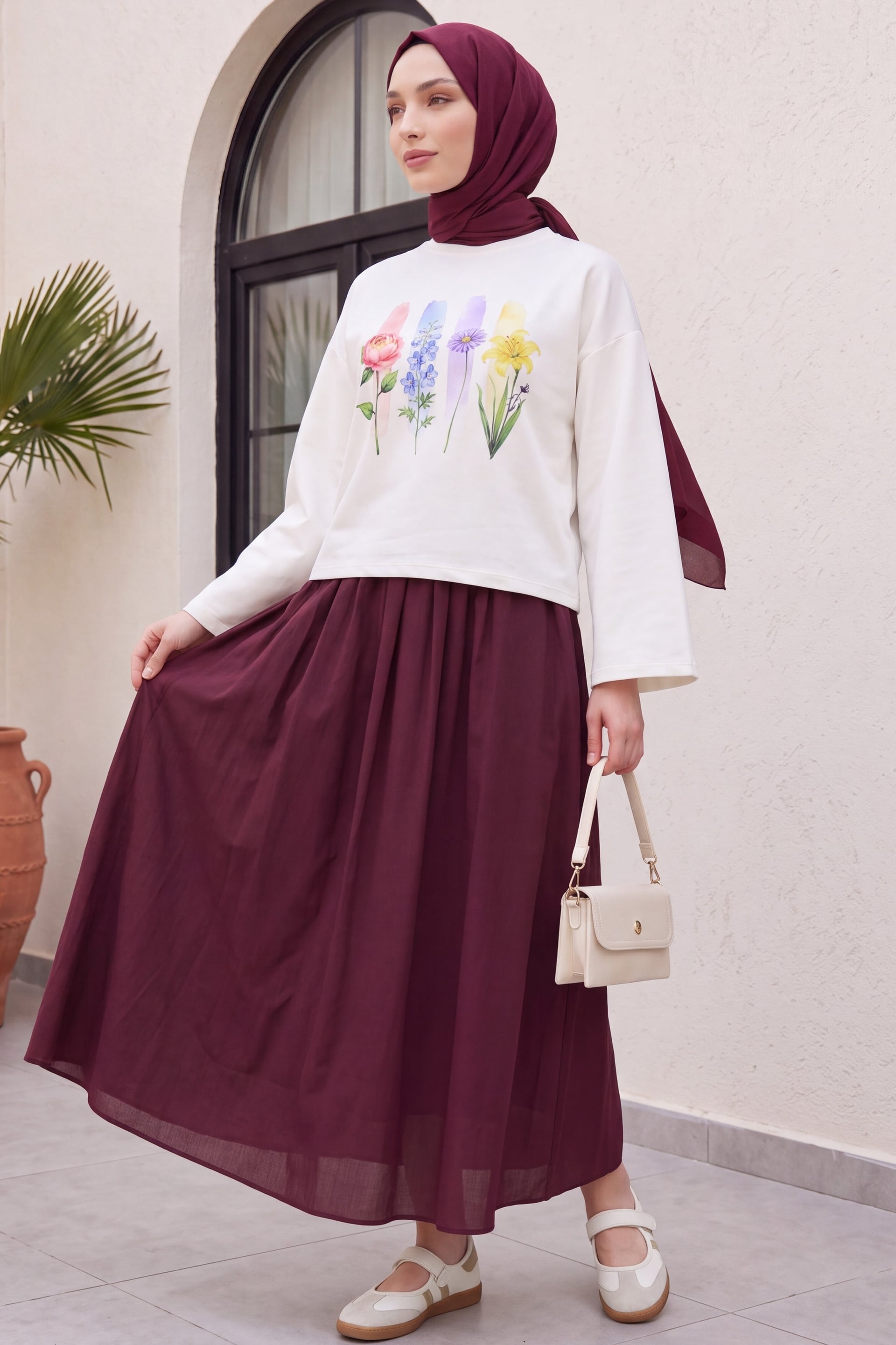 Floral Print Crew Neck Oversize 2-Thread Jersey Sweatshirt - Ecru - Podyumplus - by Peralane - photo 6