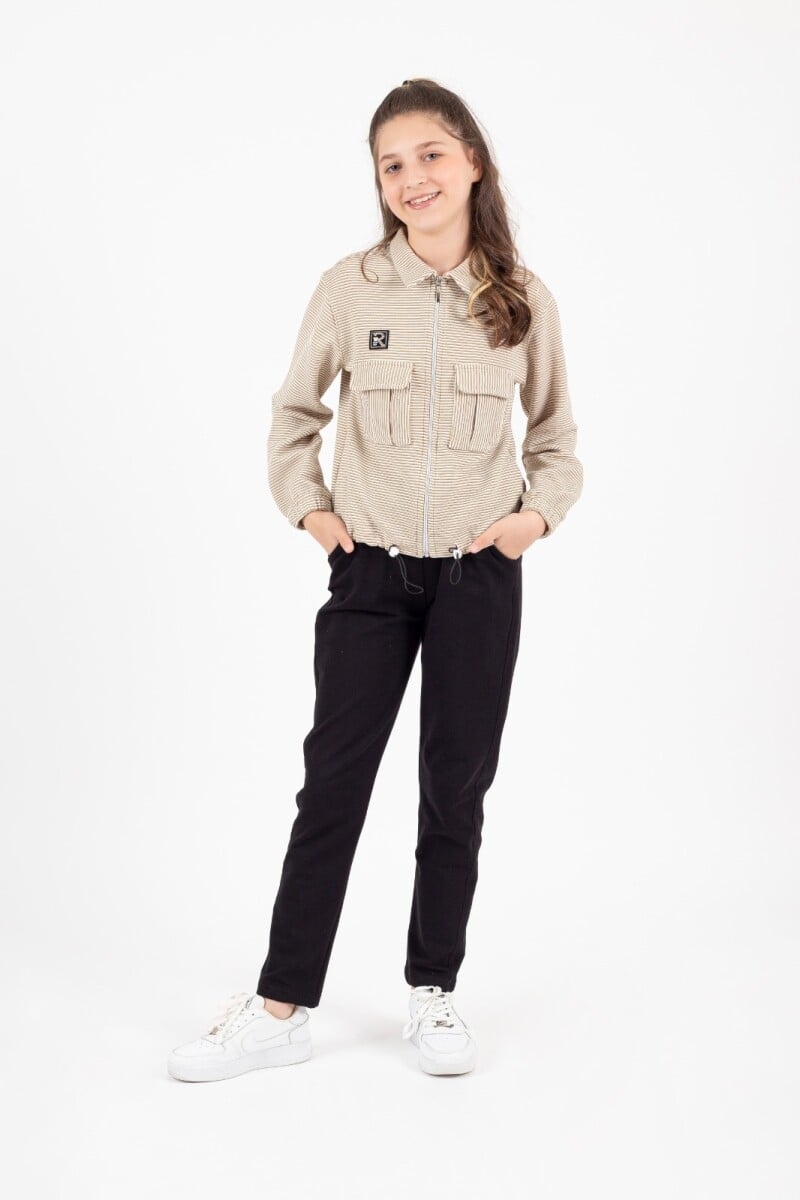 Girls' Zip-Up Tracksuit Set with Pinstriped Jacket and Black Trousers - Pafim - by Peralane