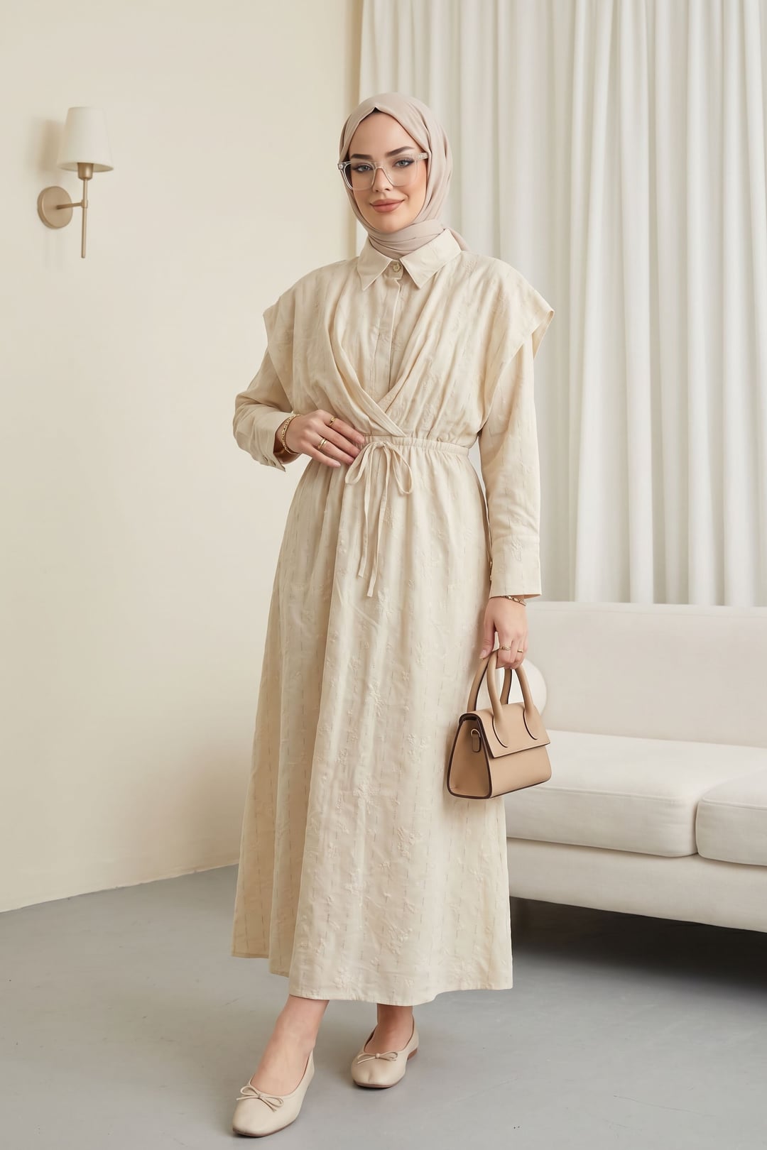 Half Button Elastic Waist Drawstring Lined Linen Look Dress - Beige - Podyumplus - by Peralane
