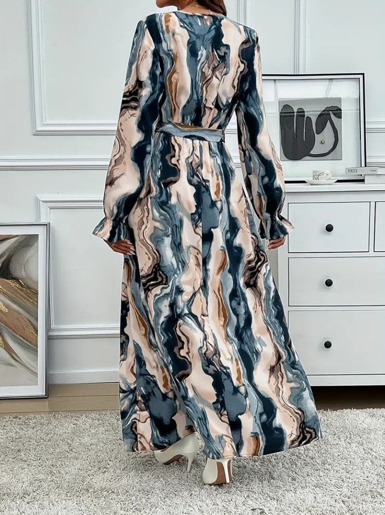 Women's Long-Sleeve Wrap Maxi Dress with Tie Waist and Marbled Print - Janes - by Peralane - photo 5