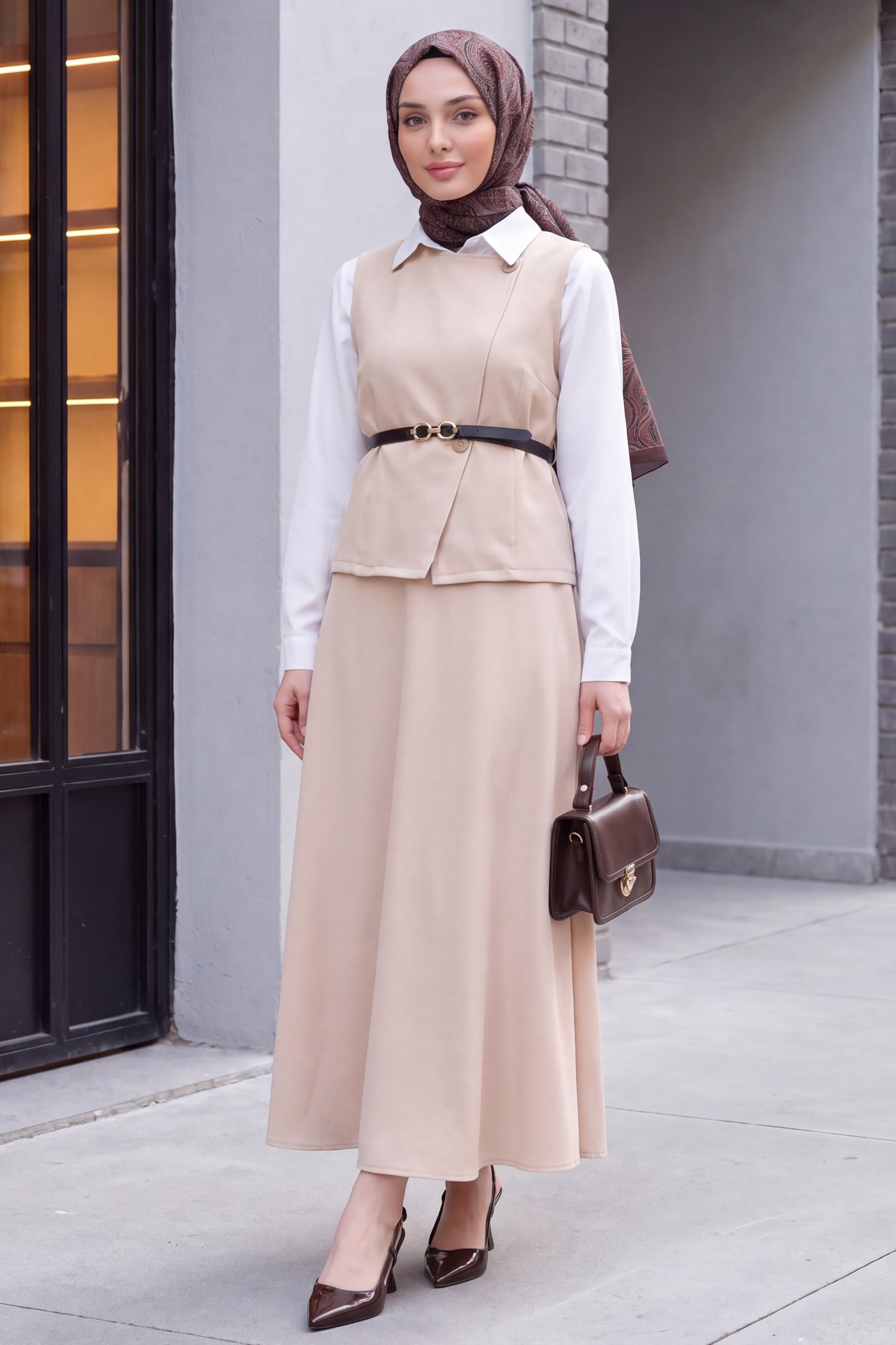 Beige Cross-Button Vest and Skirt Two-Piece Set - Podyumplus - by Peralane - photo 3