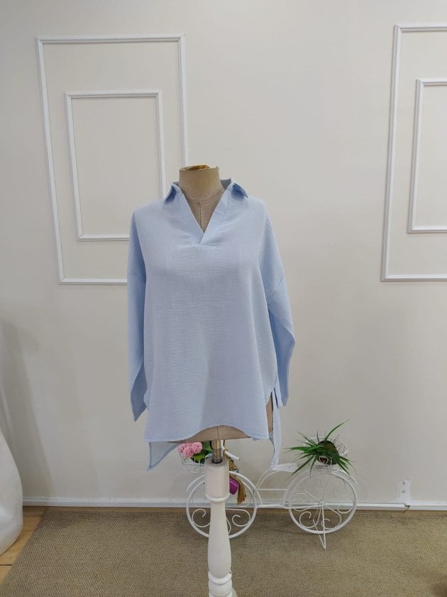 Women's Light Blue Casual Blouse with Cuffed Three-Quarter Sleeves - Janes - by Peralane - photo 4