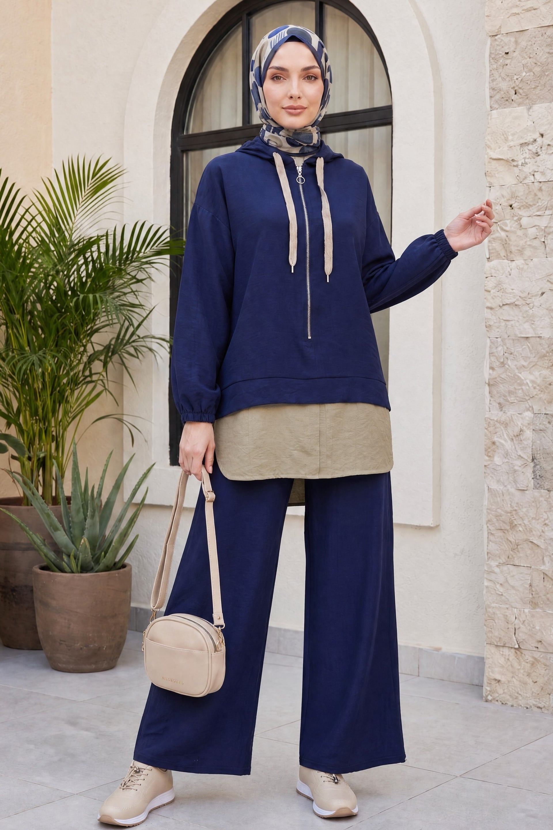 Navy Blue Half-Zip Hooded Sweatshirt and Wide-Leg Trousers Set - Podyumplus - by Peralane - photo 4