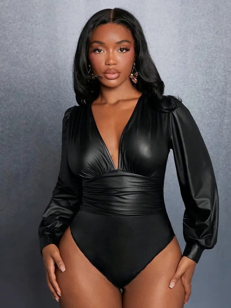 Women's Long-Sleeved Deep V-Neck Faux Leather Bodysuit - Janes - by Peralane - photo 11