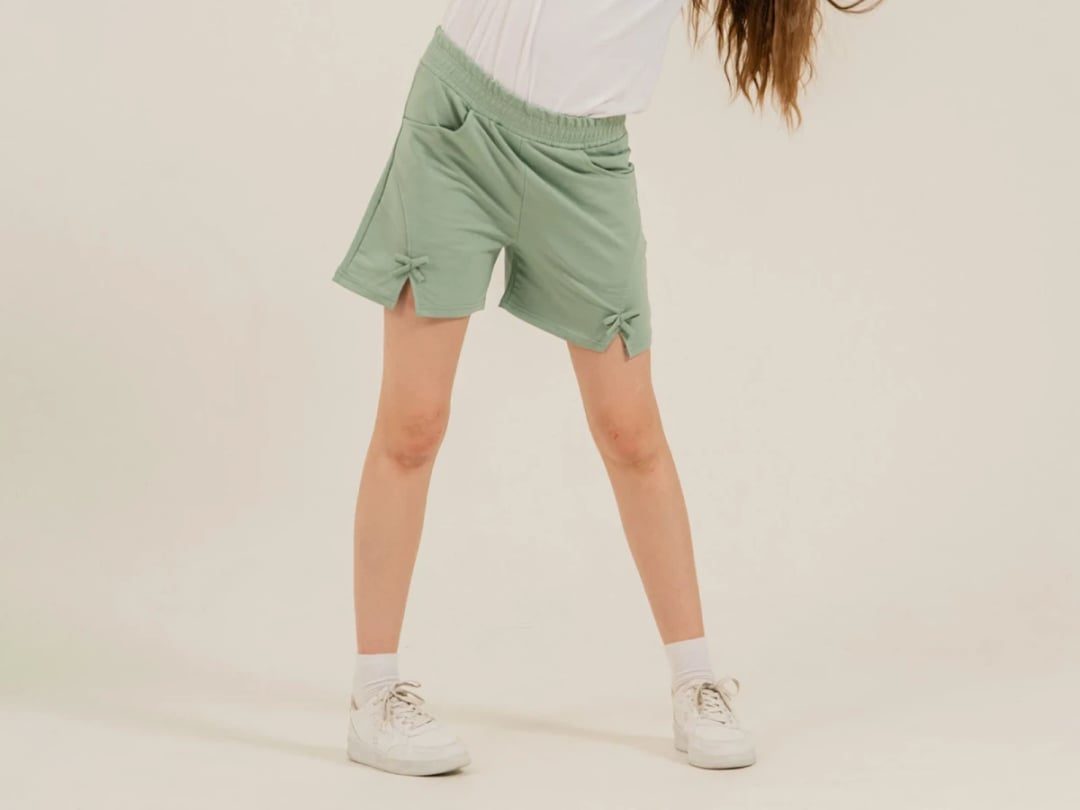 Girl's Bow Detail Shorts - Light Sage Green - Nickel - by Peralane
