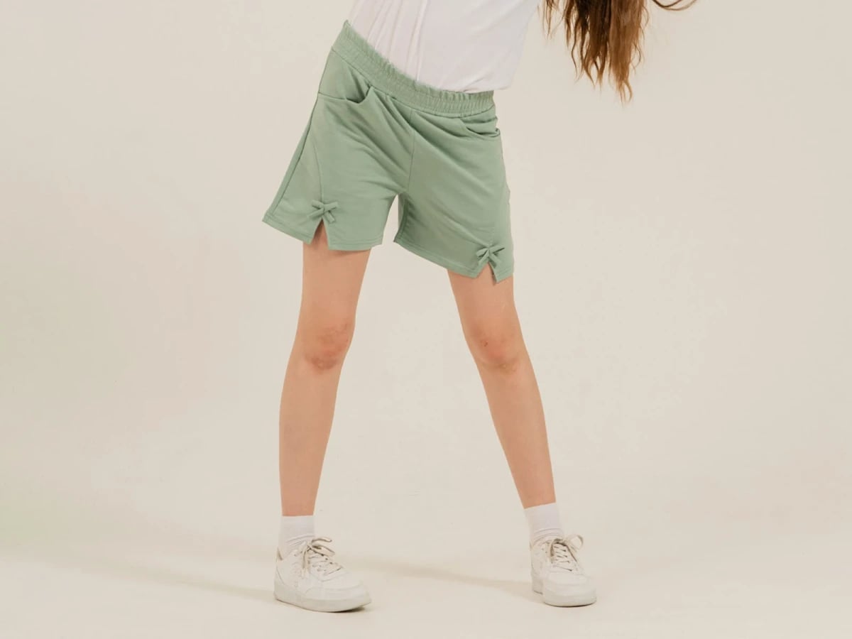 Girl's Bow Detail Shorts - Light Sage Green - Nickel - by Peralane
