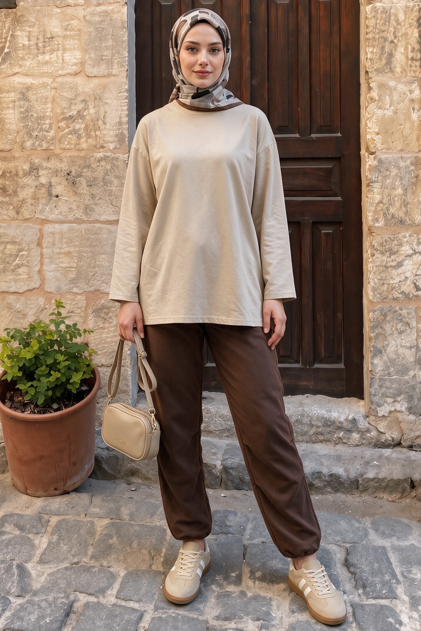 Brown Elastic Waistband Drawstring Hem Trousers - Podyumplus - by Peralane - photo 6