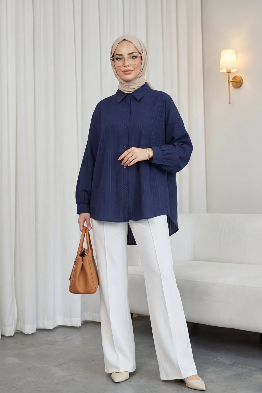 Navy Blue Long Back Striped Buttoned Relaxed Blouse - Podyumplus - by Peralane - photo 2