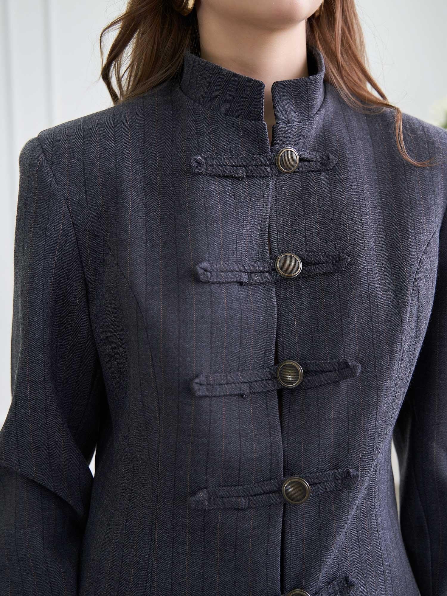 Women's Mandarin Collar Pinstripe Jacket and Wide-Leg Trousers Co-ord Set - Lefon - by Peralane - photo 4