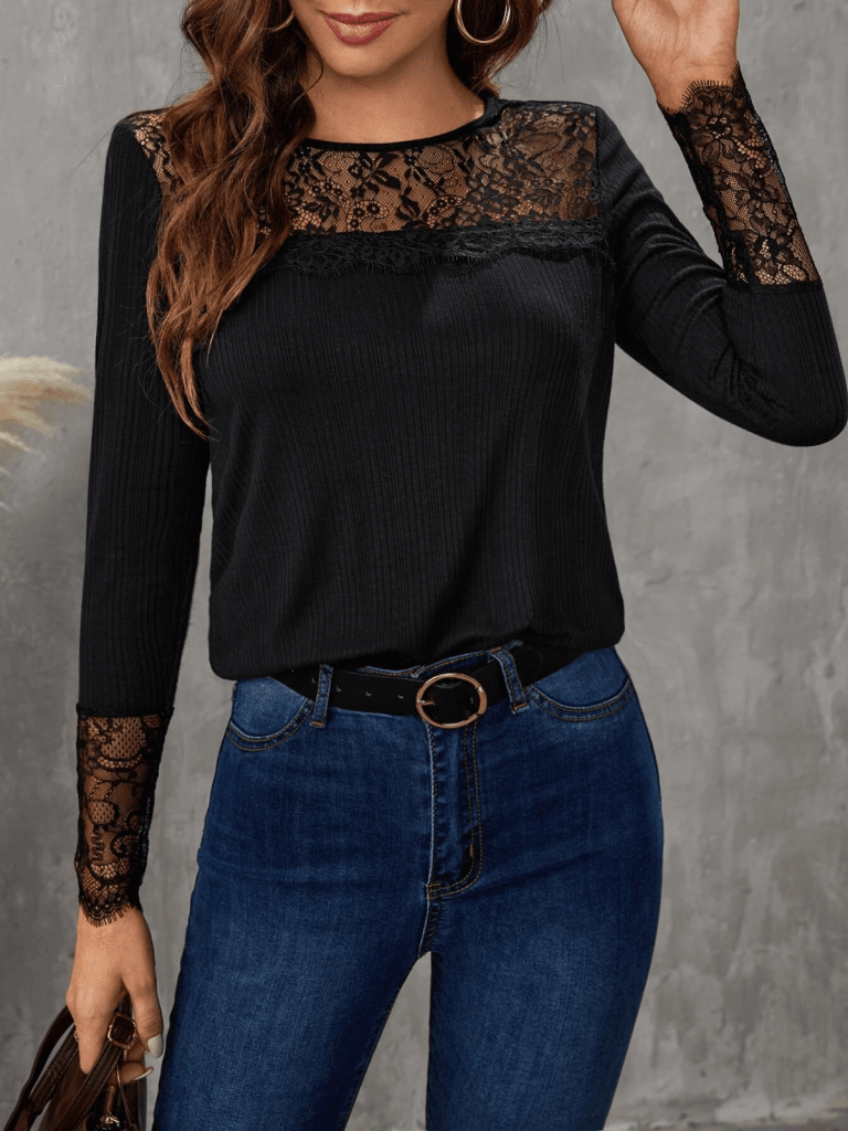 Women's Long Sleeve Round Neck Lace Detail Ribbed Blouse - Janes - by Peralane - photo 6
