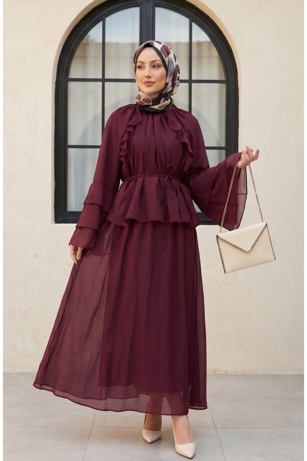 Ruffled Front Spanish Sleeve Lined Laced Skirt Cupra Set - Burgundy - Podyumplus - by Peralane