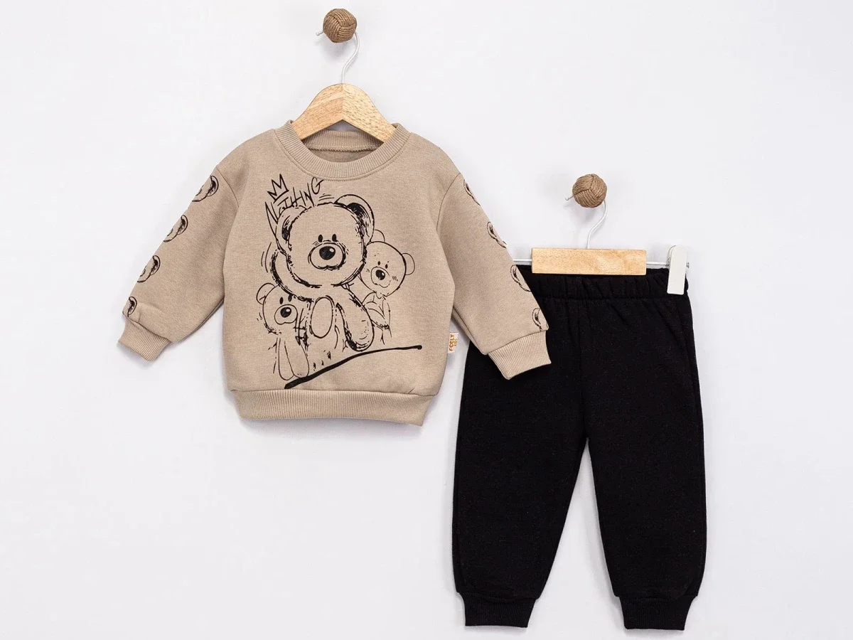 Teddy Bear Print 3-Thread Fleece Baby Boy Set - Feely Kids - by Peralane