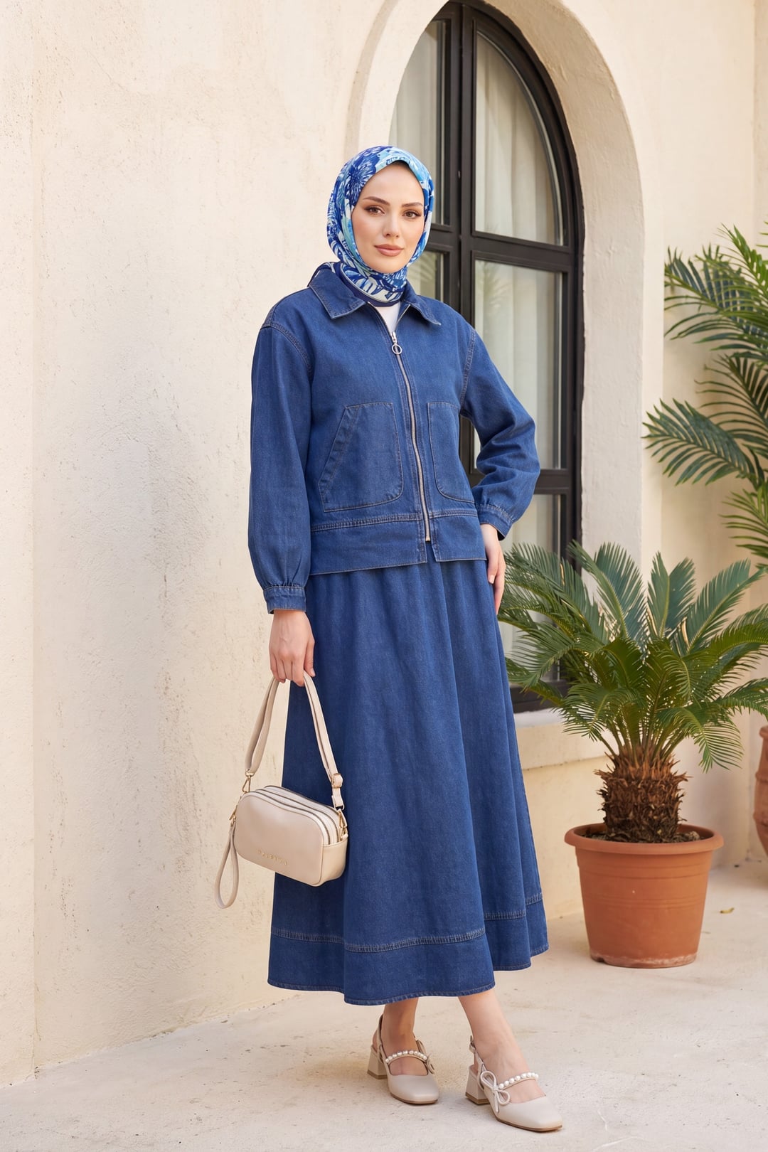 Zip-Up Denim Jacket and Skirt Set - Indigo - Podyumplus - by Peralane - photo 6