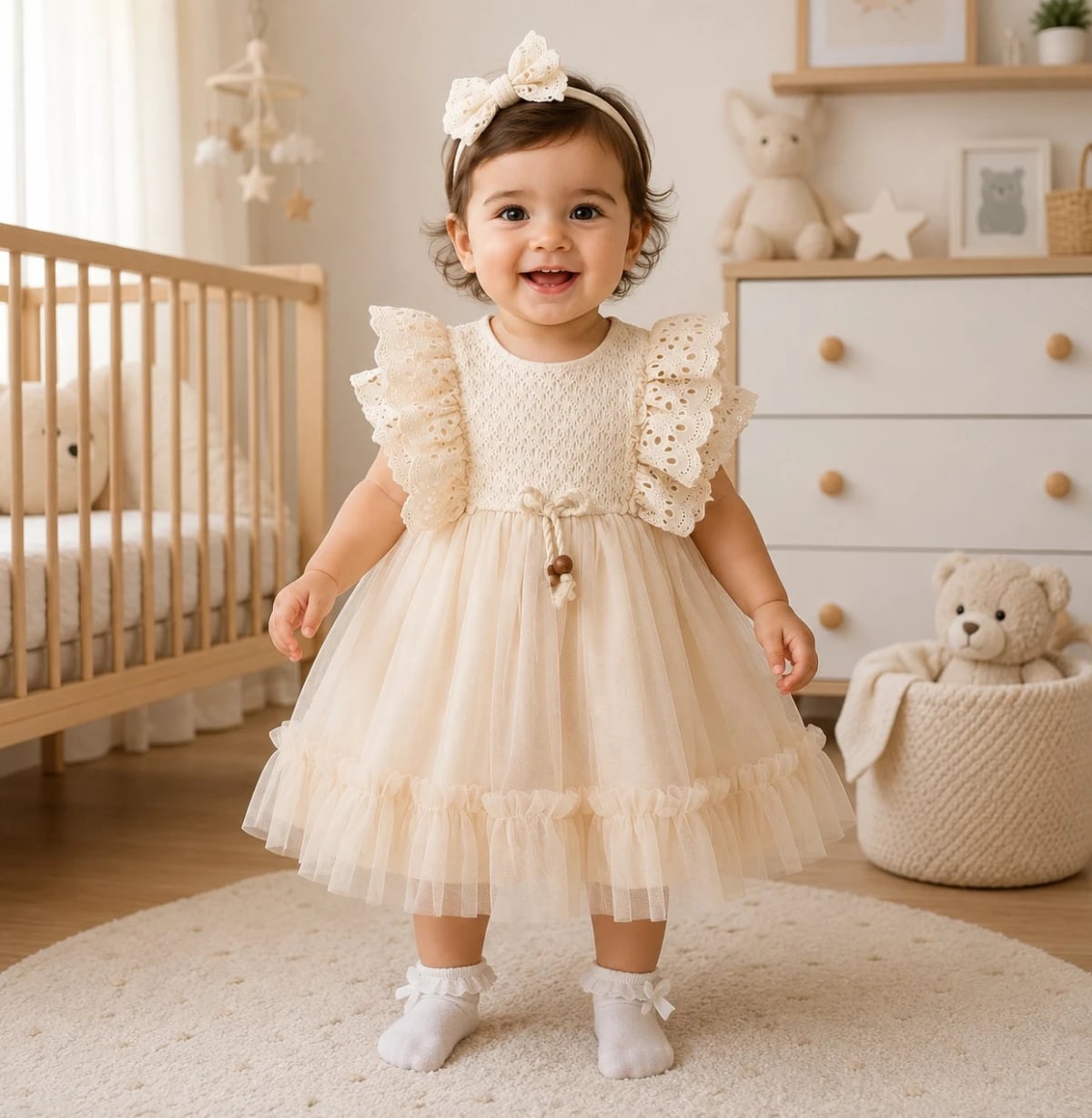 Baby Girl Dress and Headband Set - Cream - Has Bereket - by Peralane