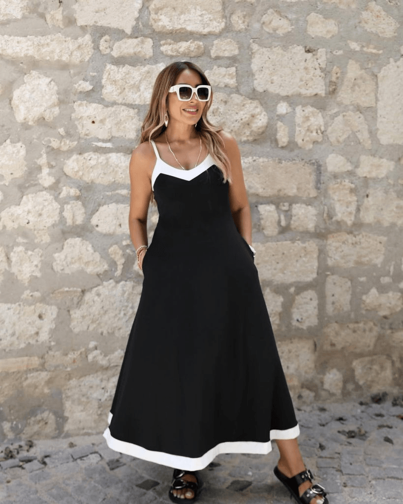 Women's Black Maxi Dress with White V-Neckline and Hem - Janes - by Peralane - photo 3