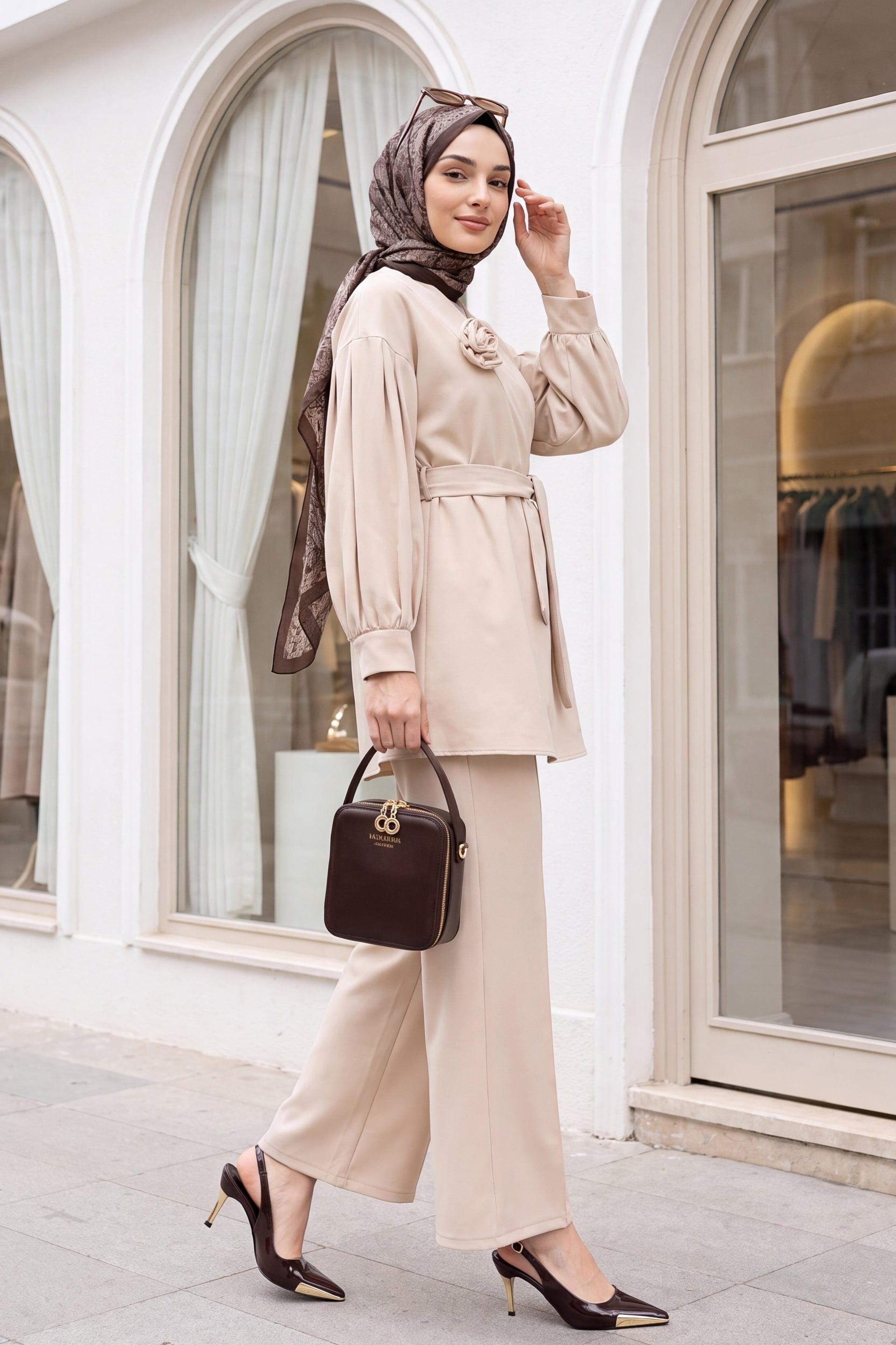 V-Neck Rose Brooch Belted Balloon Sleeve Pleated Waist Elastic Trousers Co-ord Set - Beige - Podyumplus - by Peralane