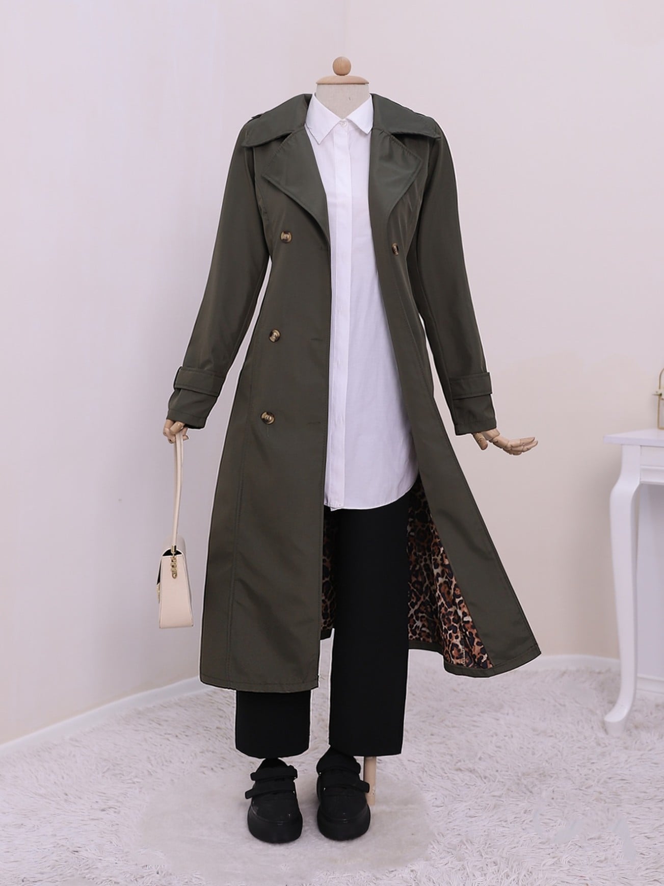 Double-Breasted Belted Trench Coat with Leopard Print Lining - Khaki Green - Podyumplus - by Peralane