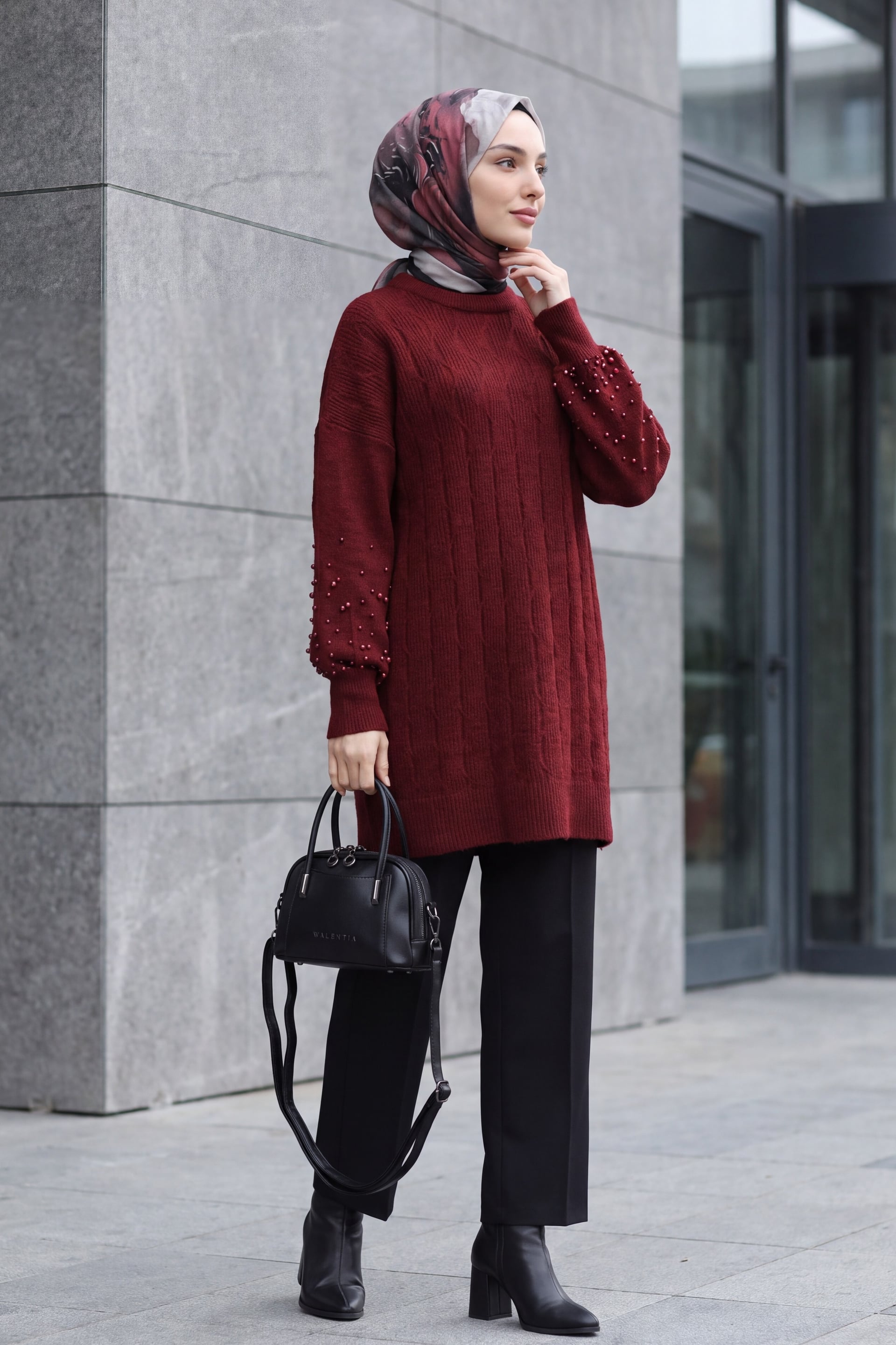Pearl Detail Patterned Relaxed Knit Tunic - Bordeaux - Podyumplus - by Peralane - photo 3