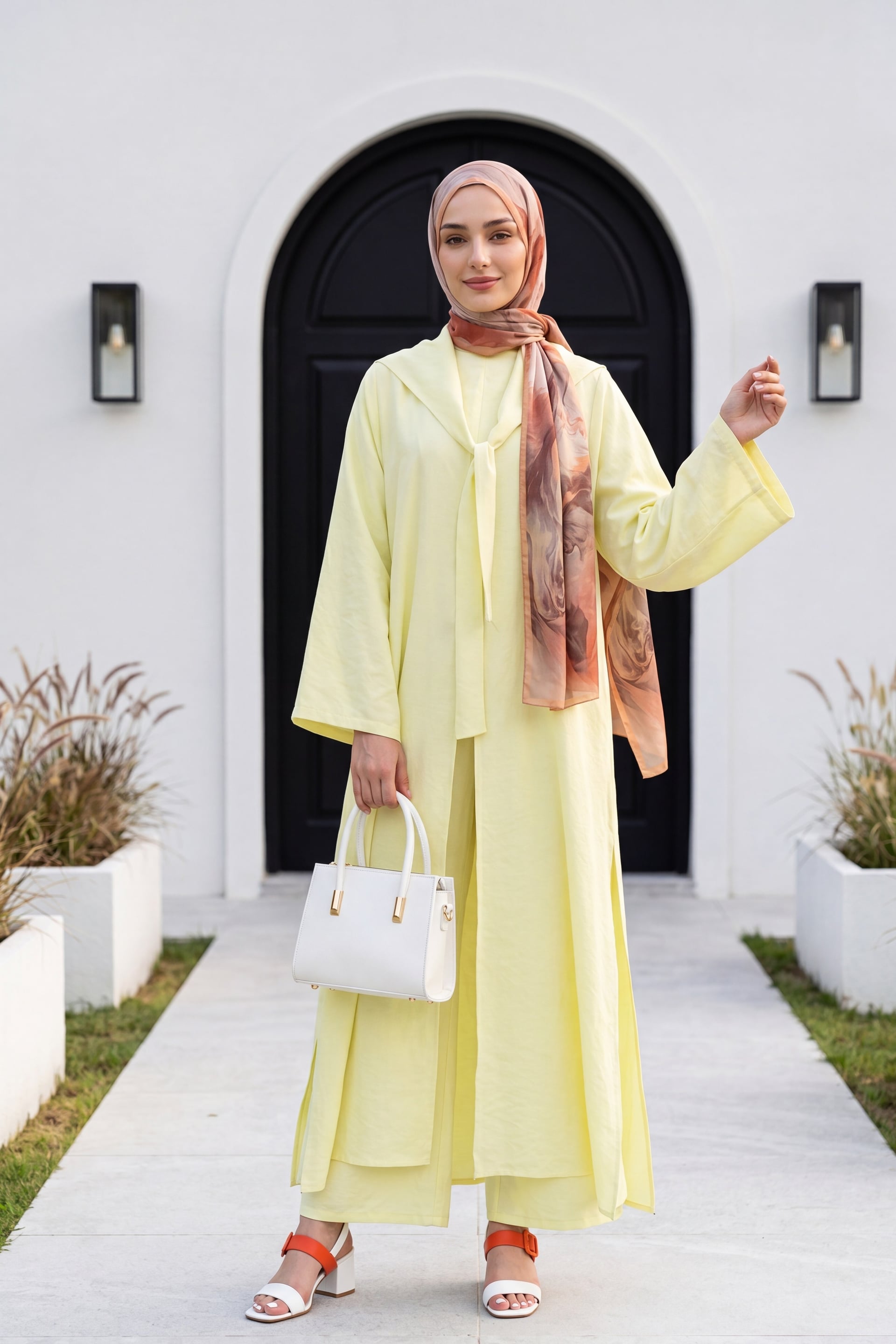Pale Yellow Modal Two-Piece Set with Scarf Detail and Deep Slit Pants with Pockets - Podyumplus - by Peralane - photo 3
